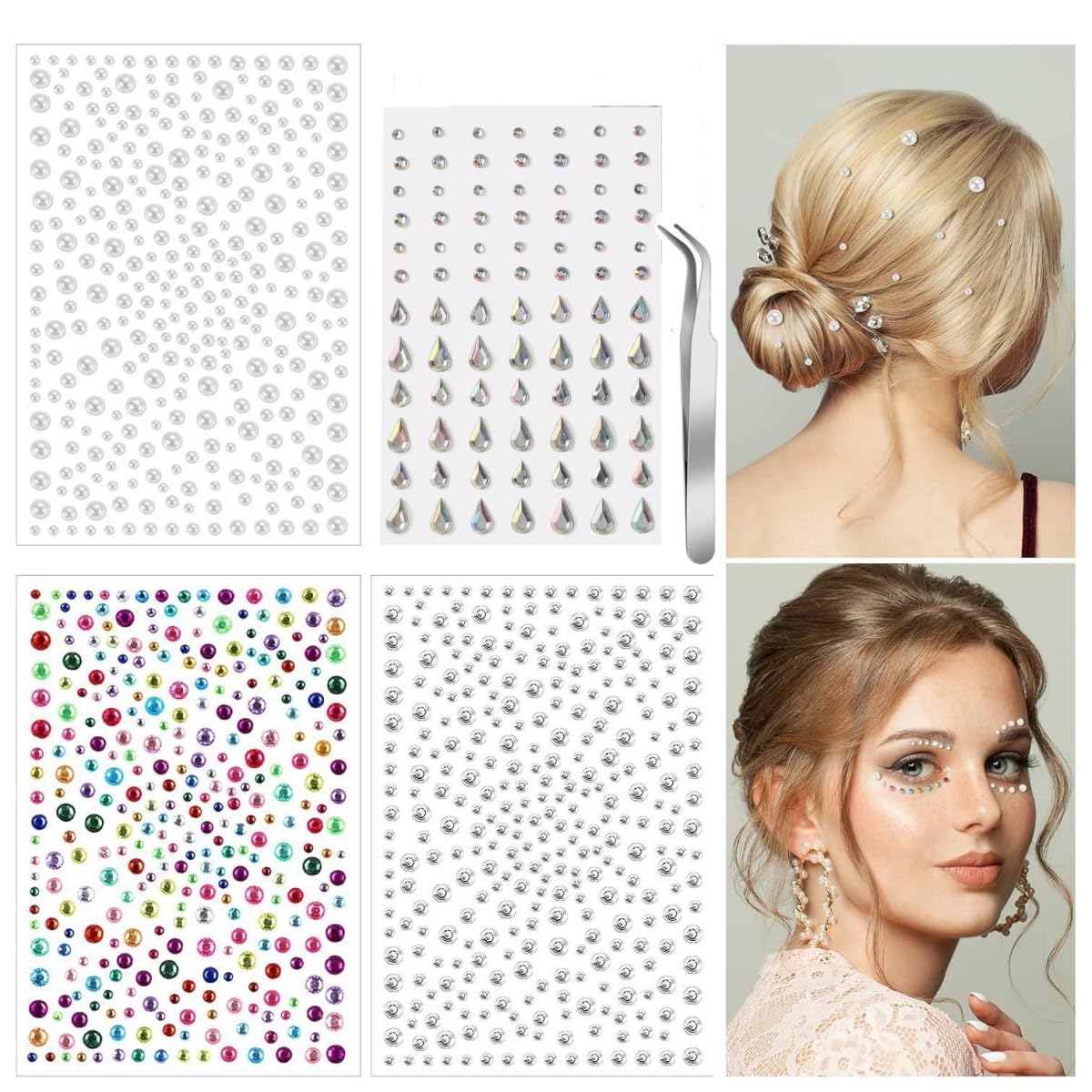 4 Sheets Self Adhesive Face Gems and Pearls for Makeup, Festival Jewels, Hair Gems, Rhinestone Stickers for Face, Eye, Makeup, Nail, Body, Crafts