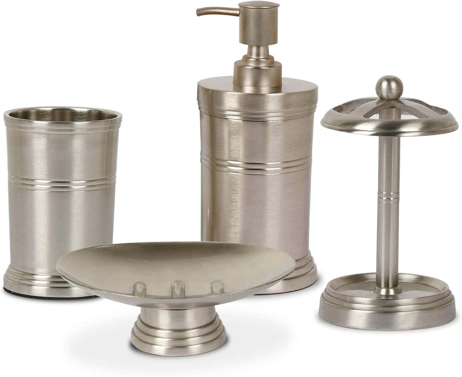 nu steel DR-3456-SET4 Dual Ridge Collection Bathroom Accessories, 4 Bath Set Including Soap Dish, Lotion Dispenser, Tumbler Mug, Toothbrush Holder, Brushed Pewter Finish, 4 Piece