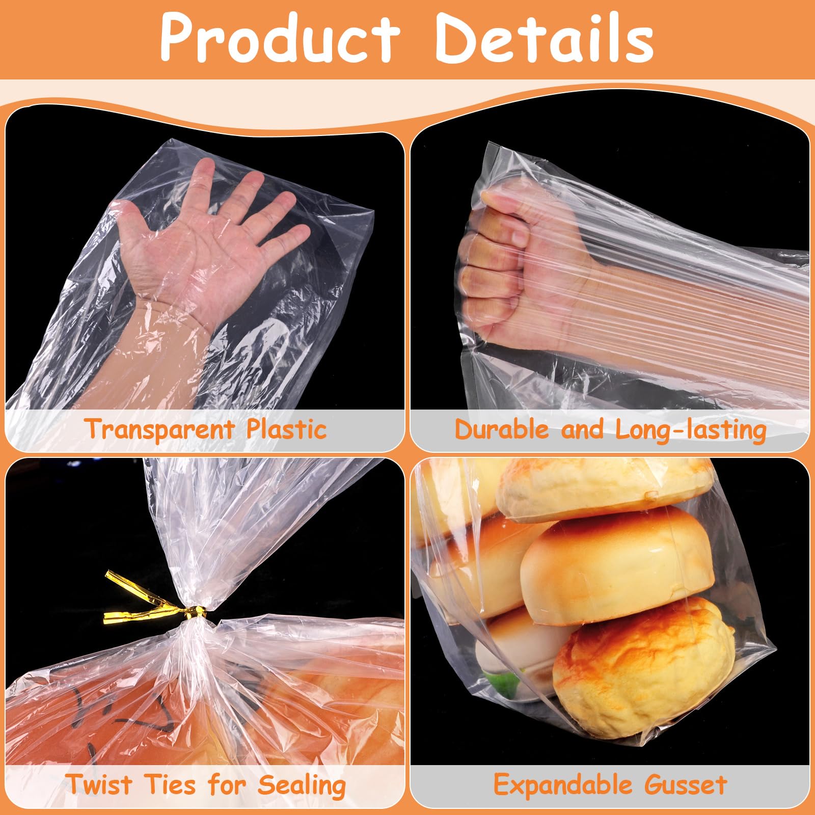 Bolsas de pan con lazos, paquete de 72 bolsas de pan transparentes para pan casero y 100 lazos, bolsas de pan de plástico reutilizables ajustables para panaderos caseros y propietarios de panaderías 3
