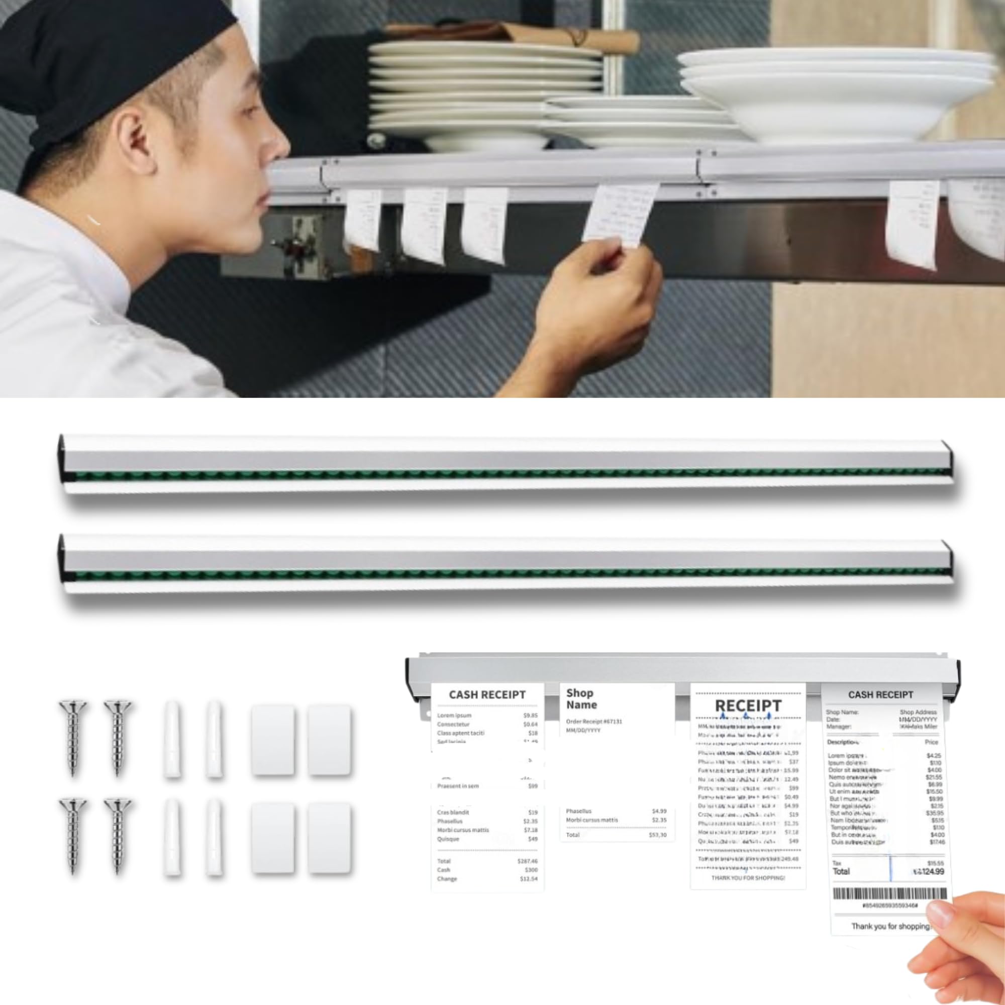 Tab-Greifer, Ticket-Halter, Restaurant, Tab-Bestellungsgreifer, Küche, Bestellhalter, 80 cm, Aluminium, Ticketgreifer, Wandmontage, Ticketschiene, Halter, Rechnungen, Quittungen, Lebensmittel,