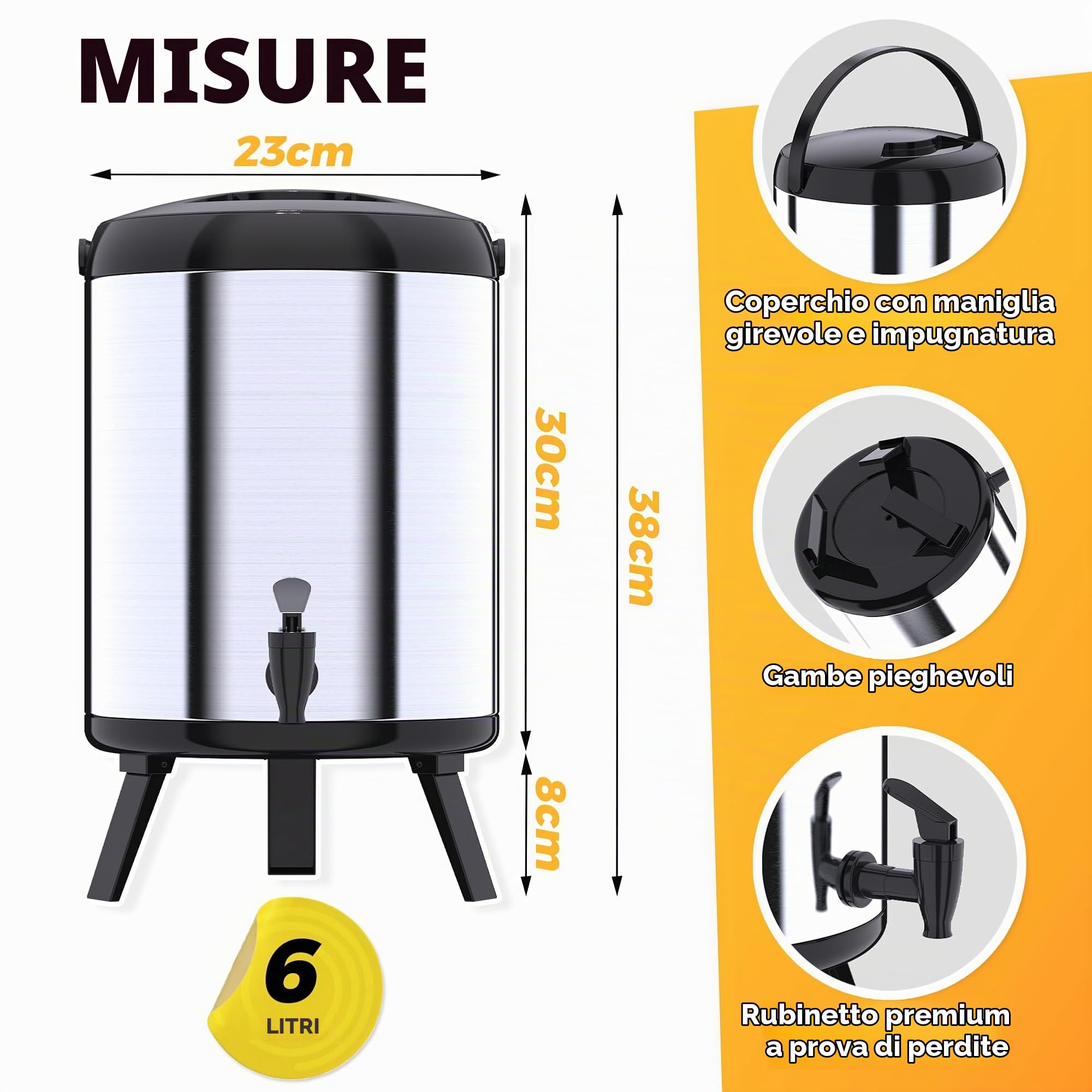 Thermos Grande - Thermos contenitore 6L portatile - Dispenser di bevande termiche con rubinetto - Dispenser di bevande fredde/calde, acqua, caffè - per catering, hotel, eventi o riunioni - acciaio