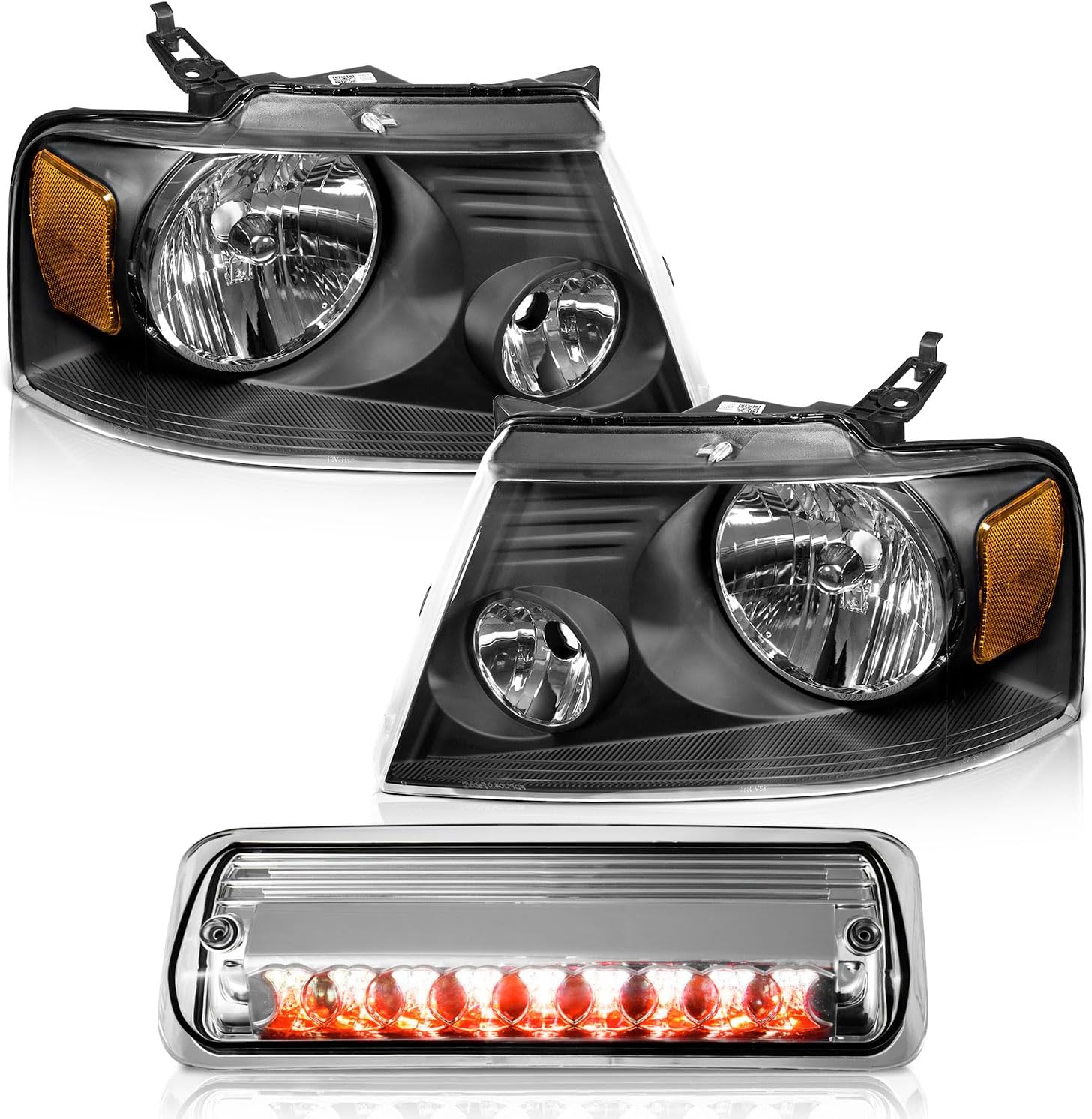 WEELMOTO For 2004-2008 Ford F150 Pickup/2006-2008 Mark LT Headlight Assembly, Headlamp replacement For 2004 2005 2006 2007 2008 F150 Headlight Assembly Black Housing with 3rd LED brake light