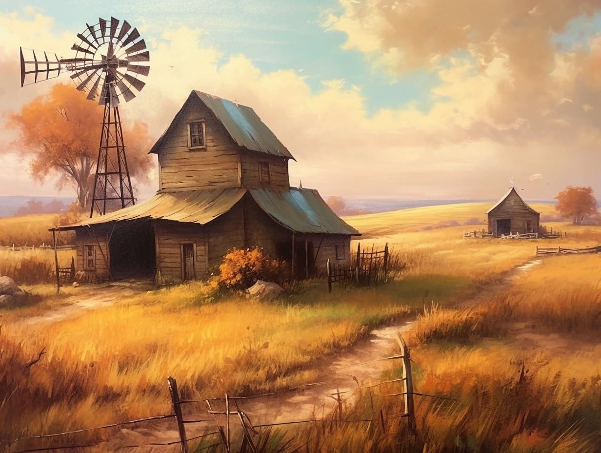 Betepefet DIY 5D Diamond Art Kits Painting Kits for Adults Farmhouse Rustic Country Barn Windmill Golden Wheat Field Farm (2) 30x40cm/11.7x15.8inches