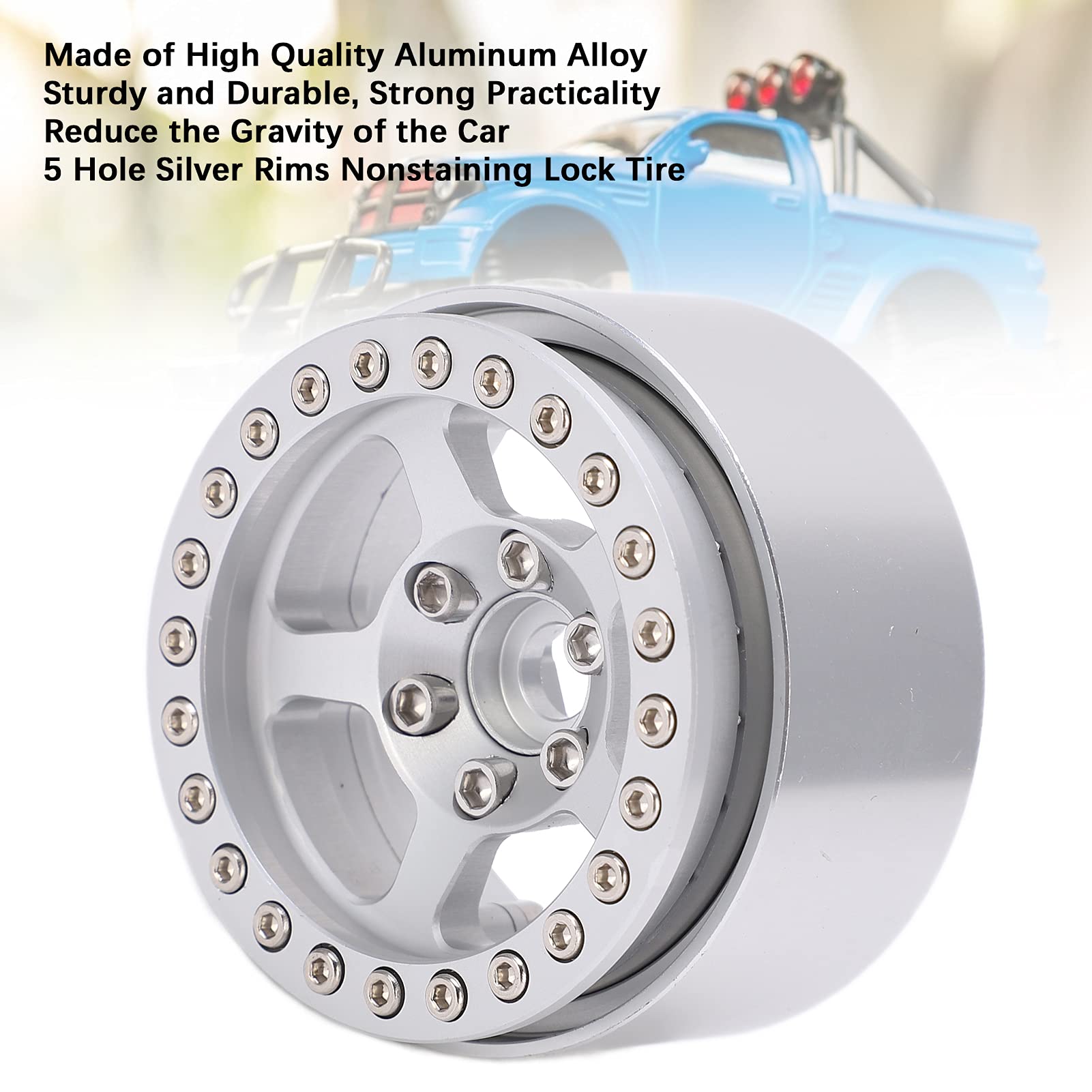 Ruote Beadlock da 1,9 pollici in lega di alluminio, cerchi argentati a 5 fori, cerchi per ruote RC antistrappo e antimacchia, con ruota, compatibili con AXIAL SCX10, TRX4, (Argento)