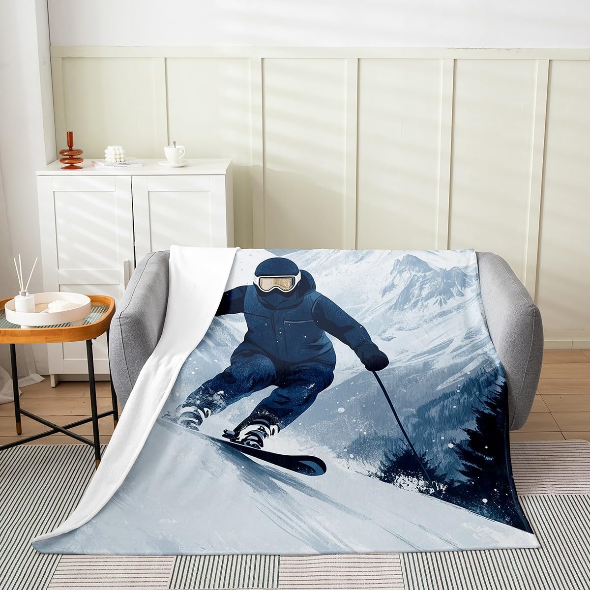 Skiing Athlete Flannel Fleece Blanket,Winter Extreme Sports Game Navy White Soft Blanket for Bed Sofa Couch,Ski Slope Nature Snowy Mount Pine Trees Bed Blanket for Bedroom Decor,Twin 60"x80"