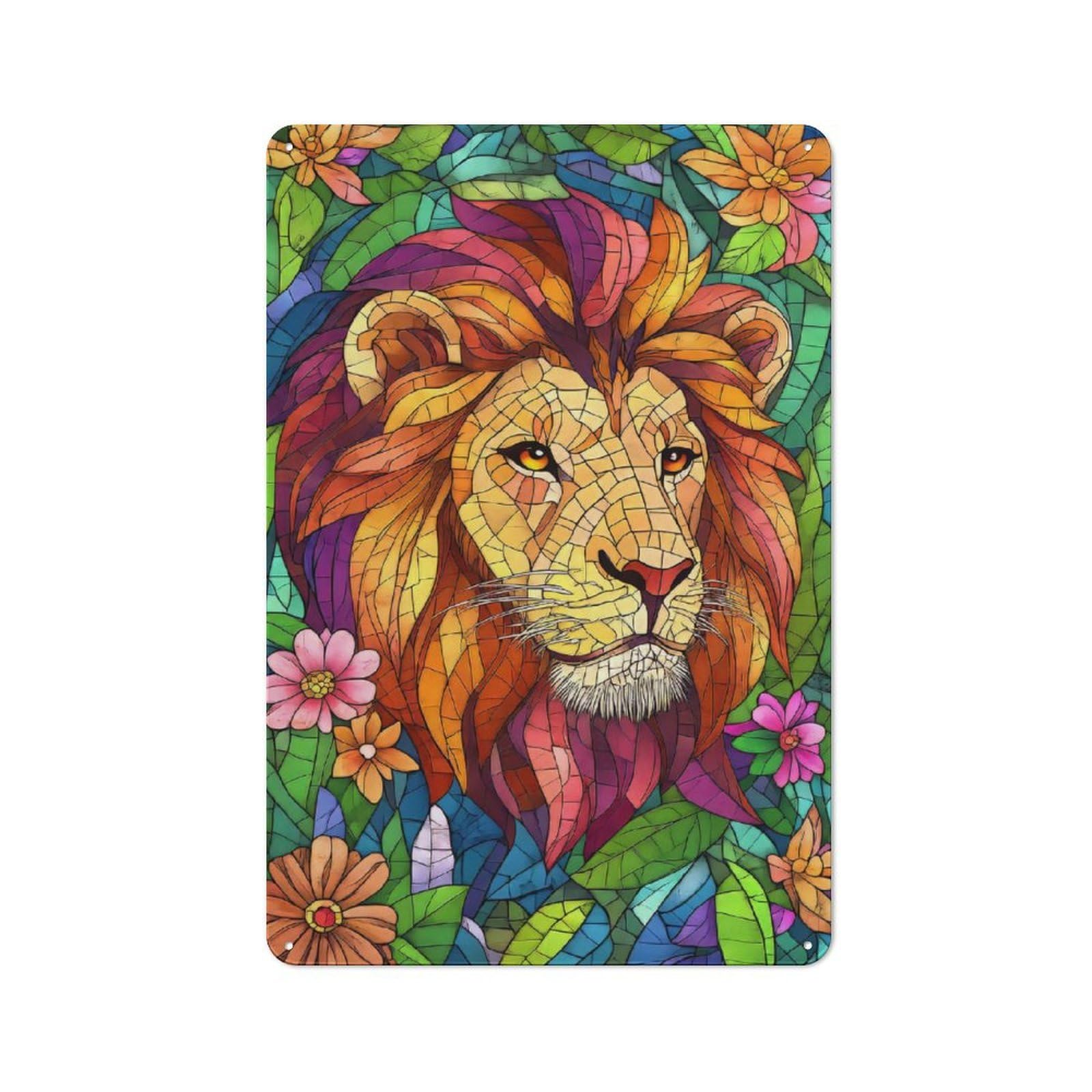 Junmoney Lion In Mosaic Tin Wall Plaque 30X20cm With For Guest Room Or Hallway, For Metal Sign Collectors, For Garage And Workshop Walls