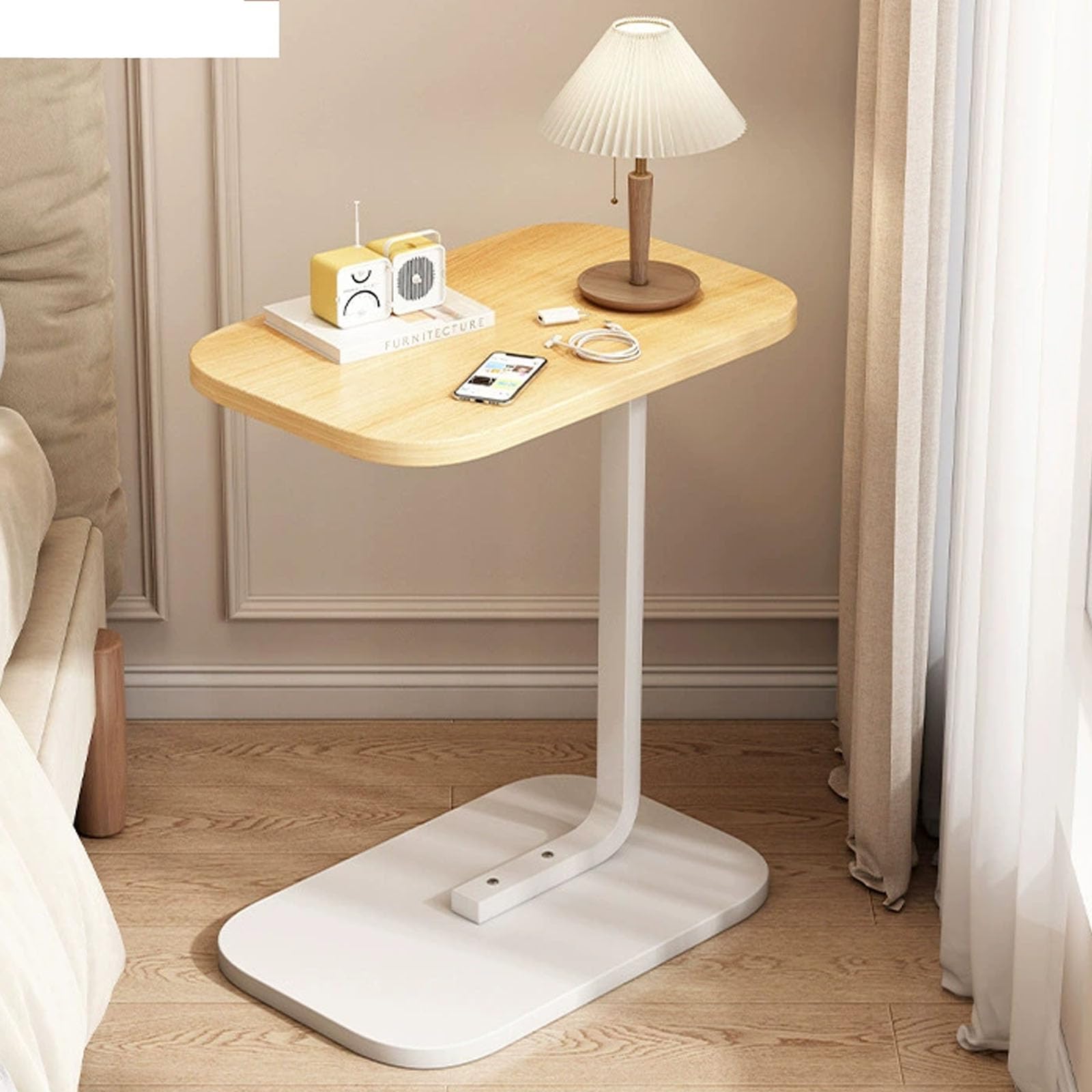 SXZenSpace C Shaped End Table for Couch Wood,Small Side Slide under with TV Tray, Living Room,Small Spaces,Bedroom,Original white