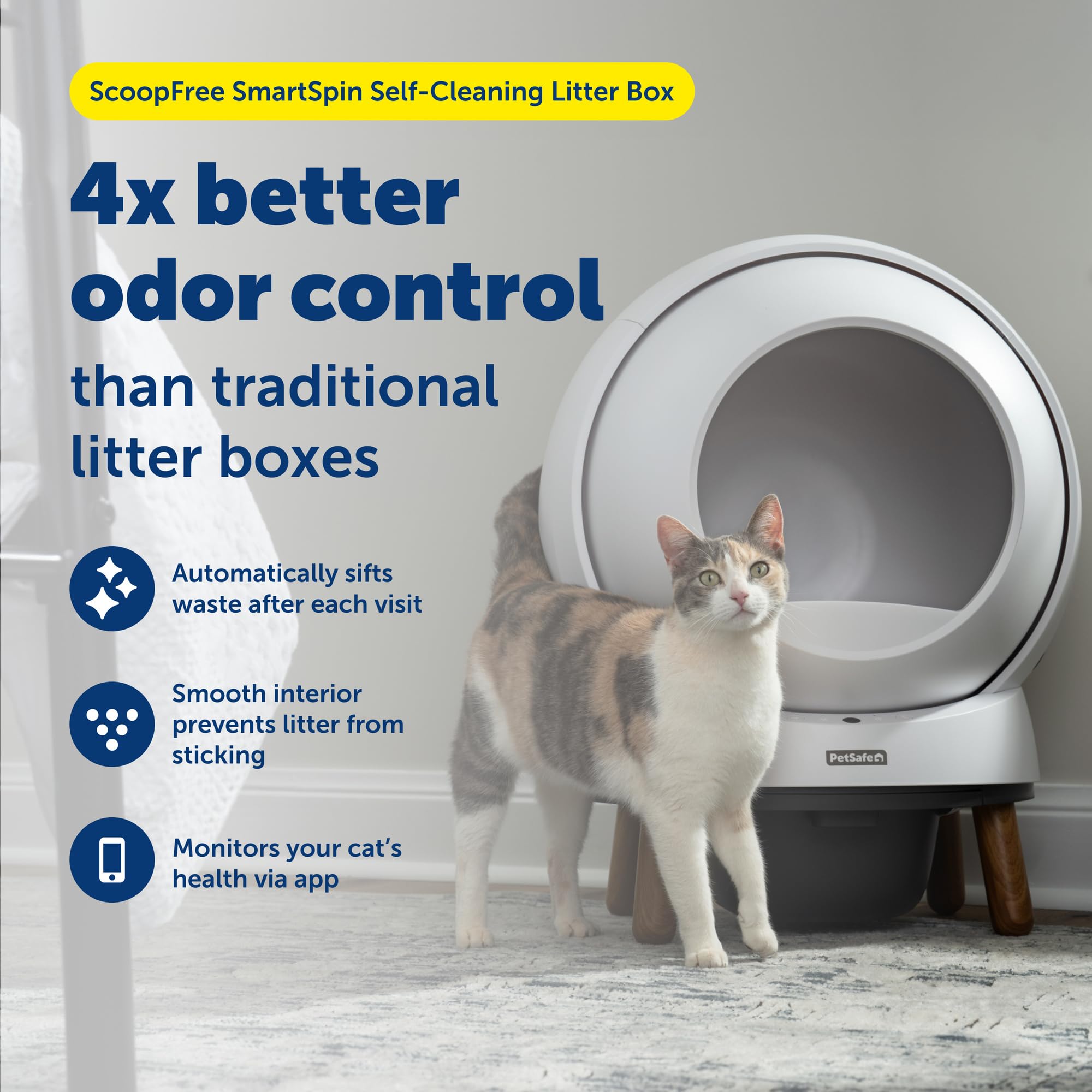 PetSafe ScoopFree SmartSpin - Lettiera autopulente, controllo avanzato degli odori, controllata tramite app, fino a 2 settimane di pulizia a mani libere, include tappetino per lettiera, 50 sacchetti