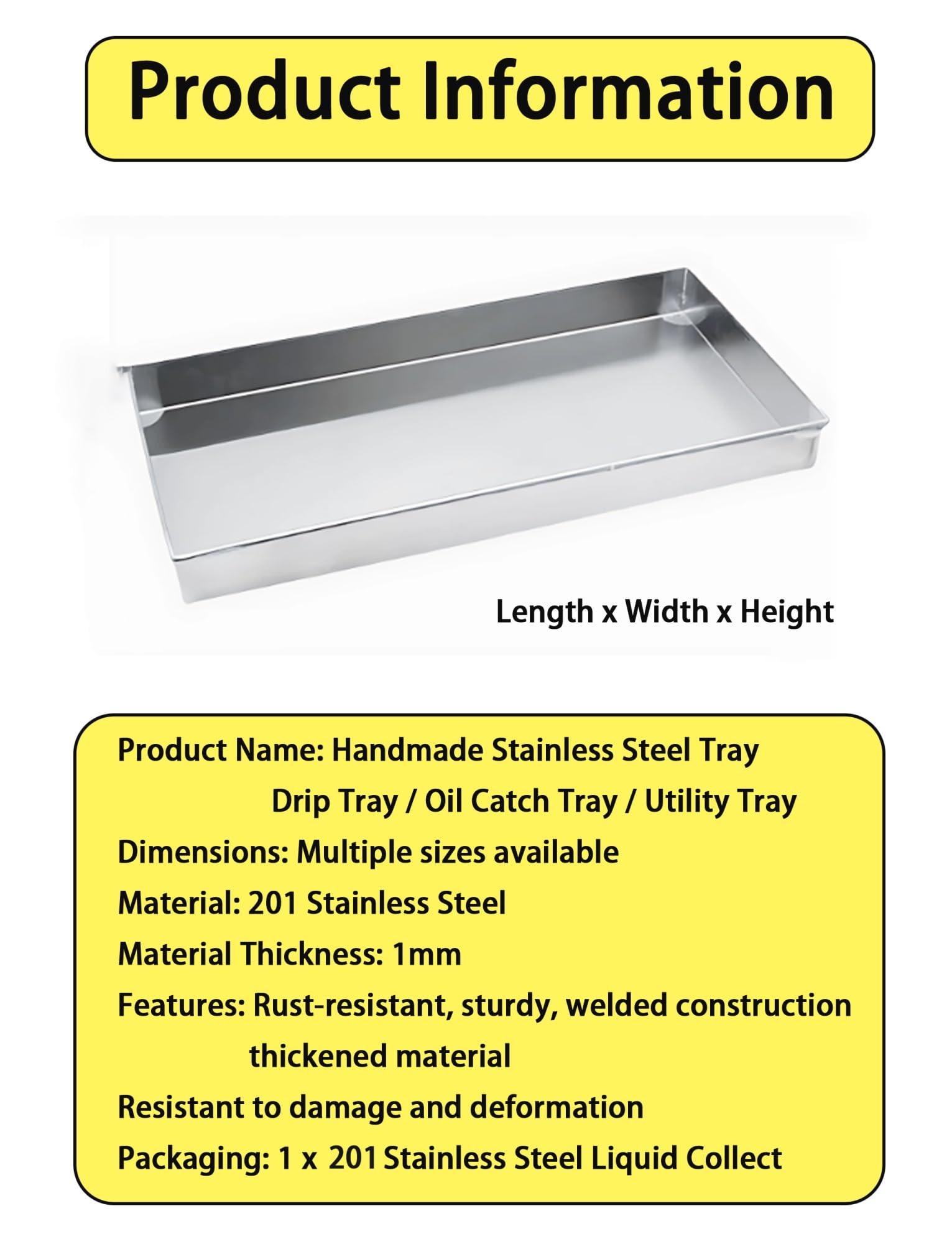 Bandeja recogedora inox 201, rectangular para cocina y equipos | Bandeja antigoteo con bordes elevados for uso en cafeteras, gabinetes, mostradores y equipos(400X400X50mm)
