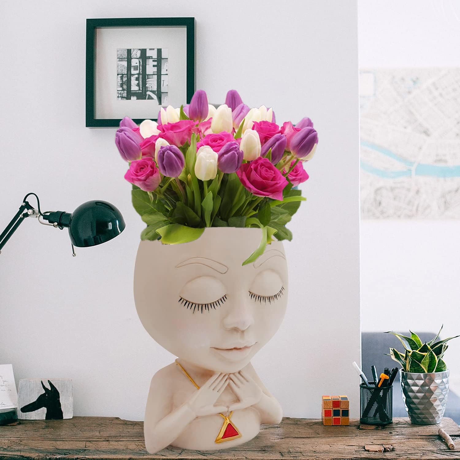 Face Planter Pot Cute Resin Flower Head Planters for Indoor Outdoor Closed Eyes Succulent Pots Gift IdeaI for Mother and Appreciation Christmas with Drainage Hole