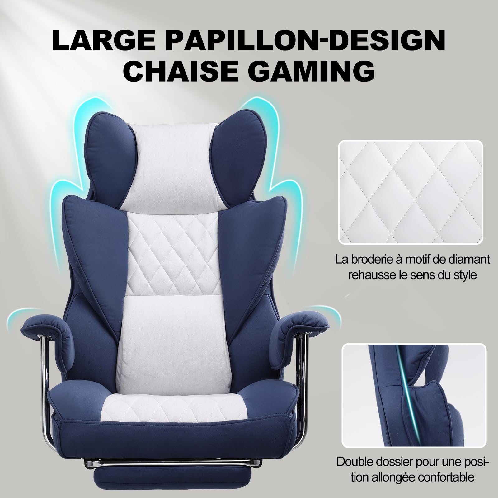 GTPLAYER Chaise Gaming, Chaise Gamer, siège Large accoudoirs, Repose-Pieds, Hauteur réglable, Supporte 150 kg, Bleu-Blanc