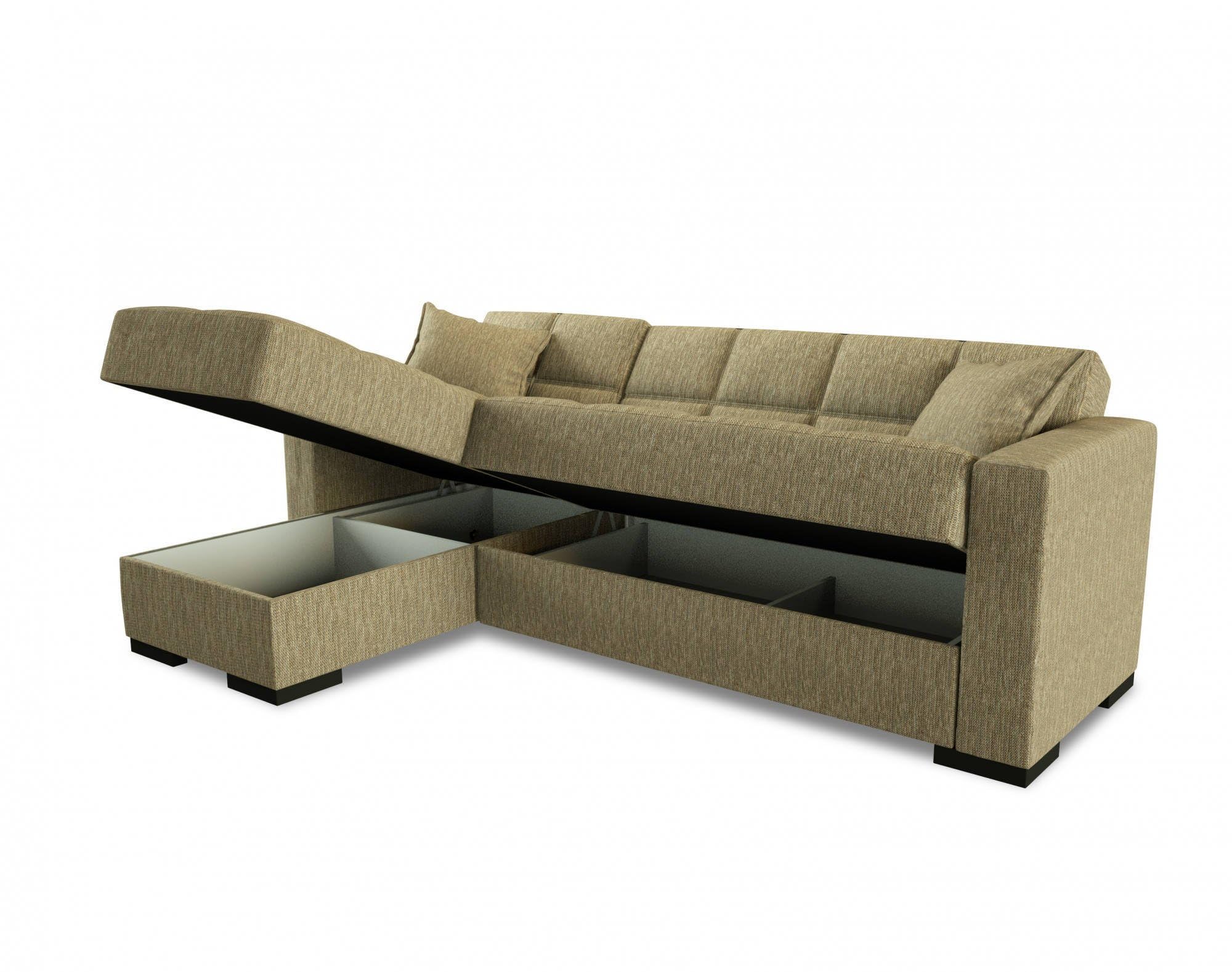 Dmora Divano Letto con penisola Fernando, Divano ad Angolo Reversibile, Sofà Contenitore da Soggiorno con Chaise Longue e 2 Cuscini, 230x150h81 cm, Beige