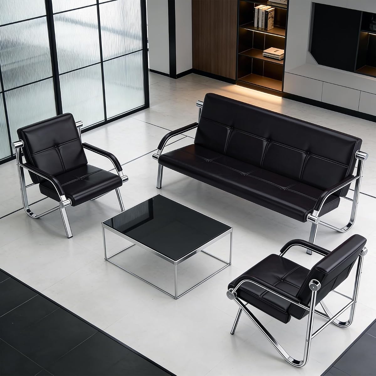 Kinfant Sillas de sala de espera, banco tapizado, silla de oficina para invitados con brazos, muebles de recepción para salón de belleza, barbería, sala de aeropuerto, sala de conferencias, banco, negro