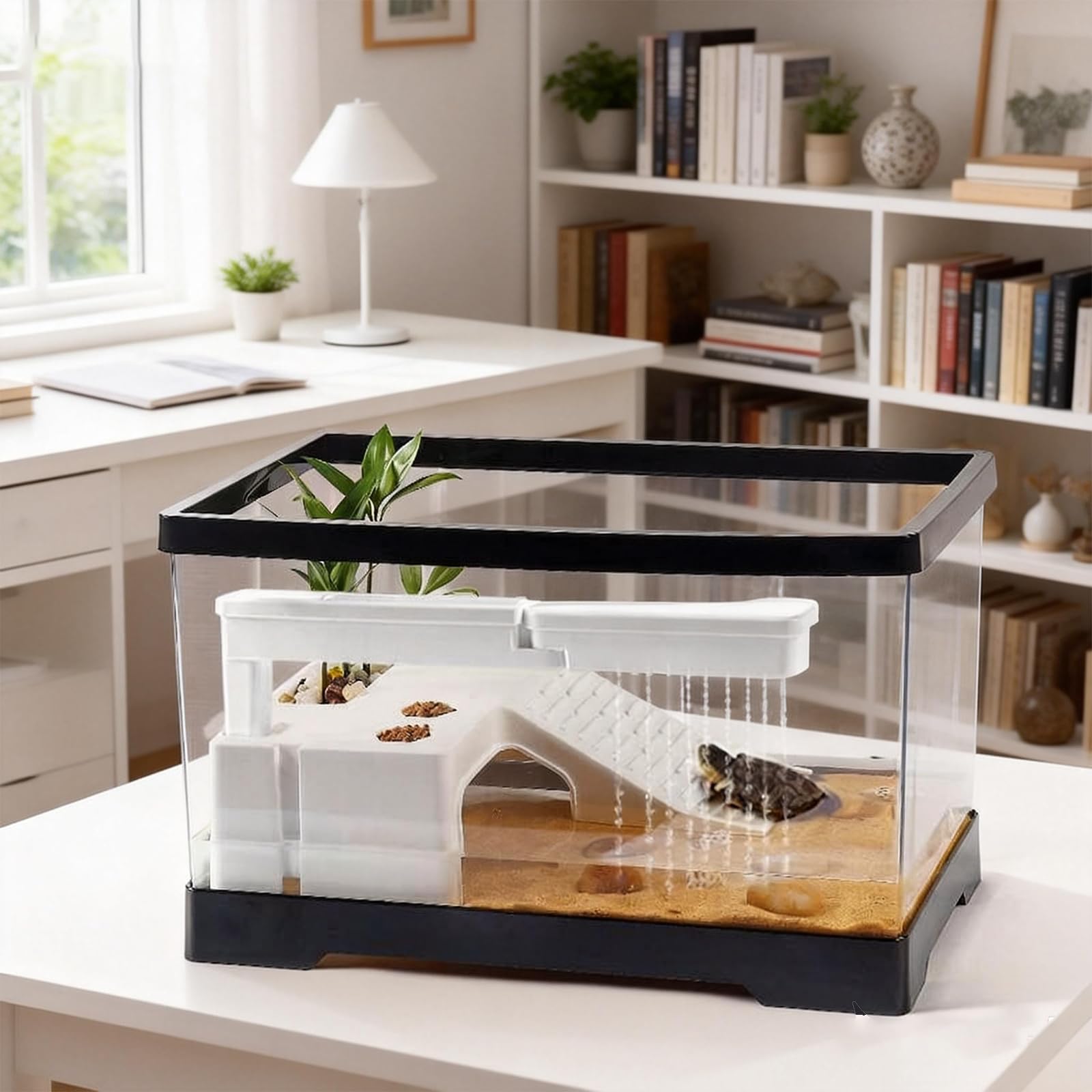 Acuario de tanque de tortuga con plataforma para tomar el sol, lluvia, juguete de criatura acuática, anillo de natación de 40 x 20,5 x 20 cm, kit de hábitat de tortugas pequeñas y tortugas juveniles