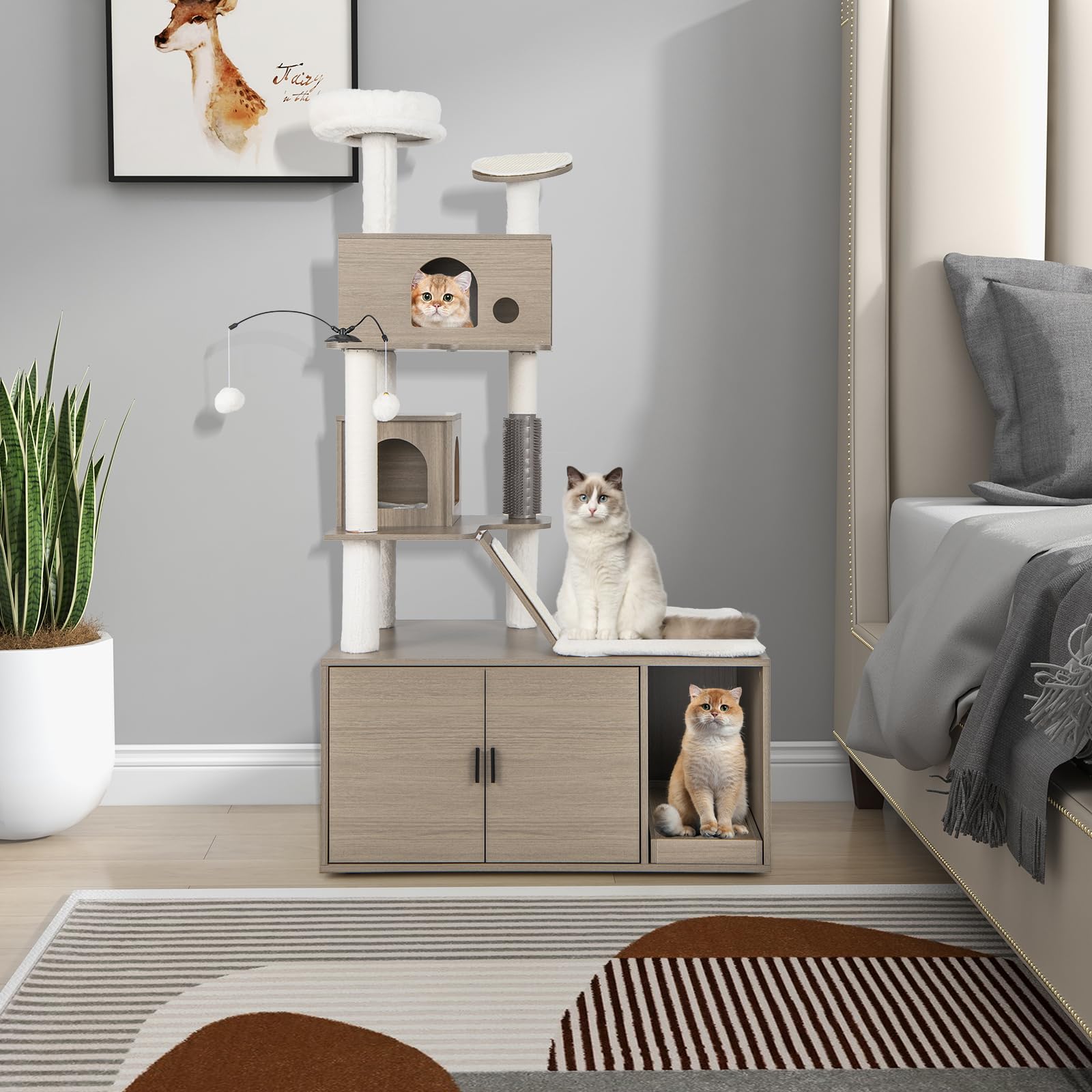 COSTWAY Albero per Gatti con Mobile per Lettiera, Torre per Gatti Moderna 2-in-1 con Doppie Cucce, Piattaforma Superiore, Pali in Sisal, Tiragraffi, Rampino, Piattaforma e Palline, Grigio