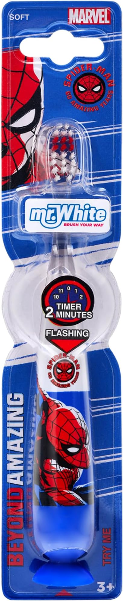 Marvel Spiderman Kids LED Toothbrush with 2 Minute Flashing Light Timer, Soft Bristles, Non-Slip Handle & Suction Cup for Children Aged 3-14 Years Old, BPA-Free & Non-Toxic Kids Light Up Toothbrush