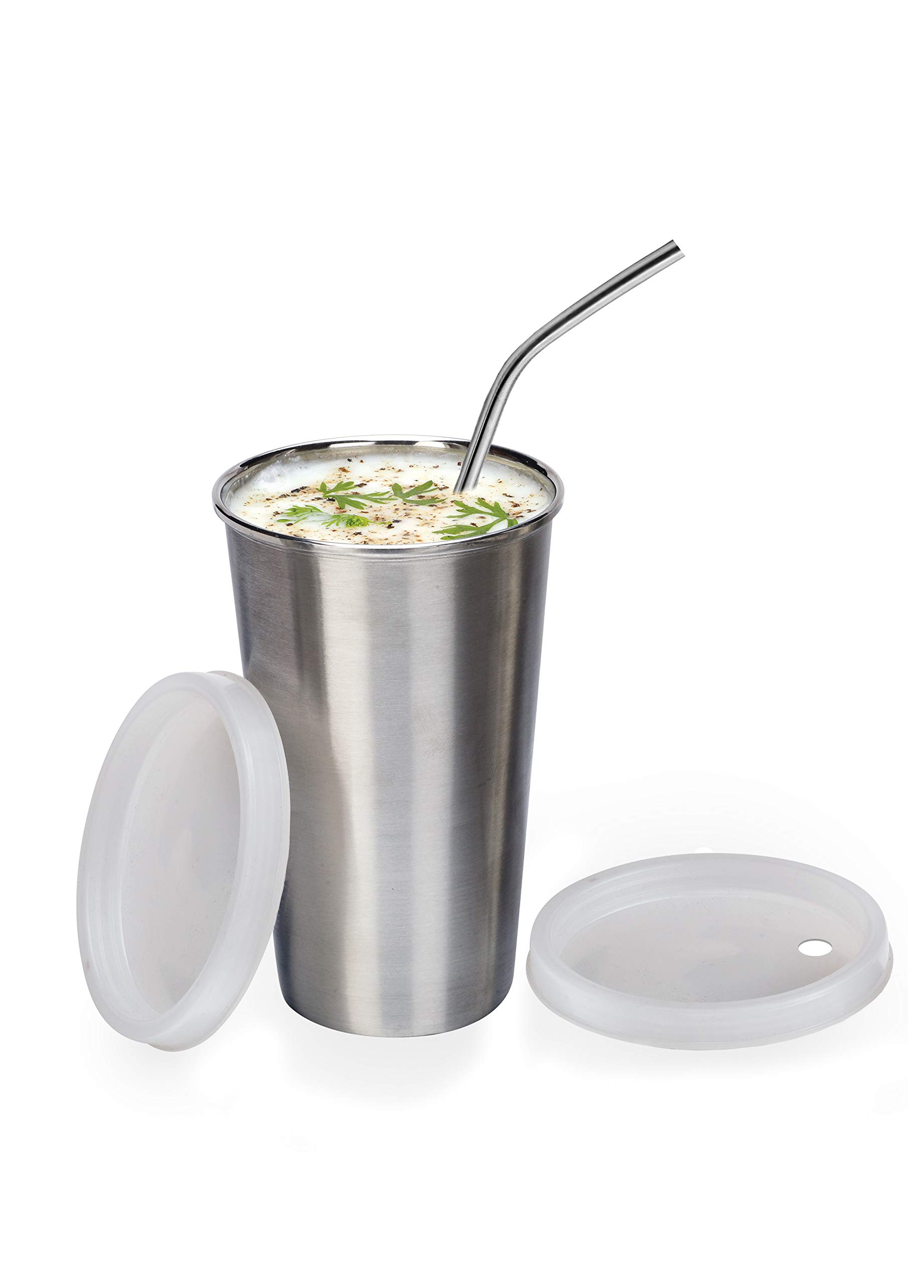 PDDFALCON Stainless Steel Glass With Straw Plus Extra Travel Lid - 1 Piece, Silver, 300 Ml