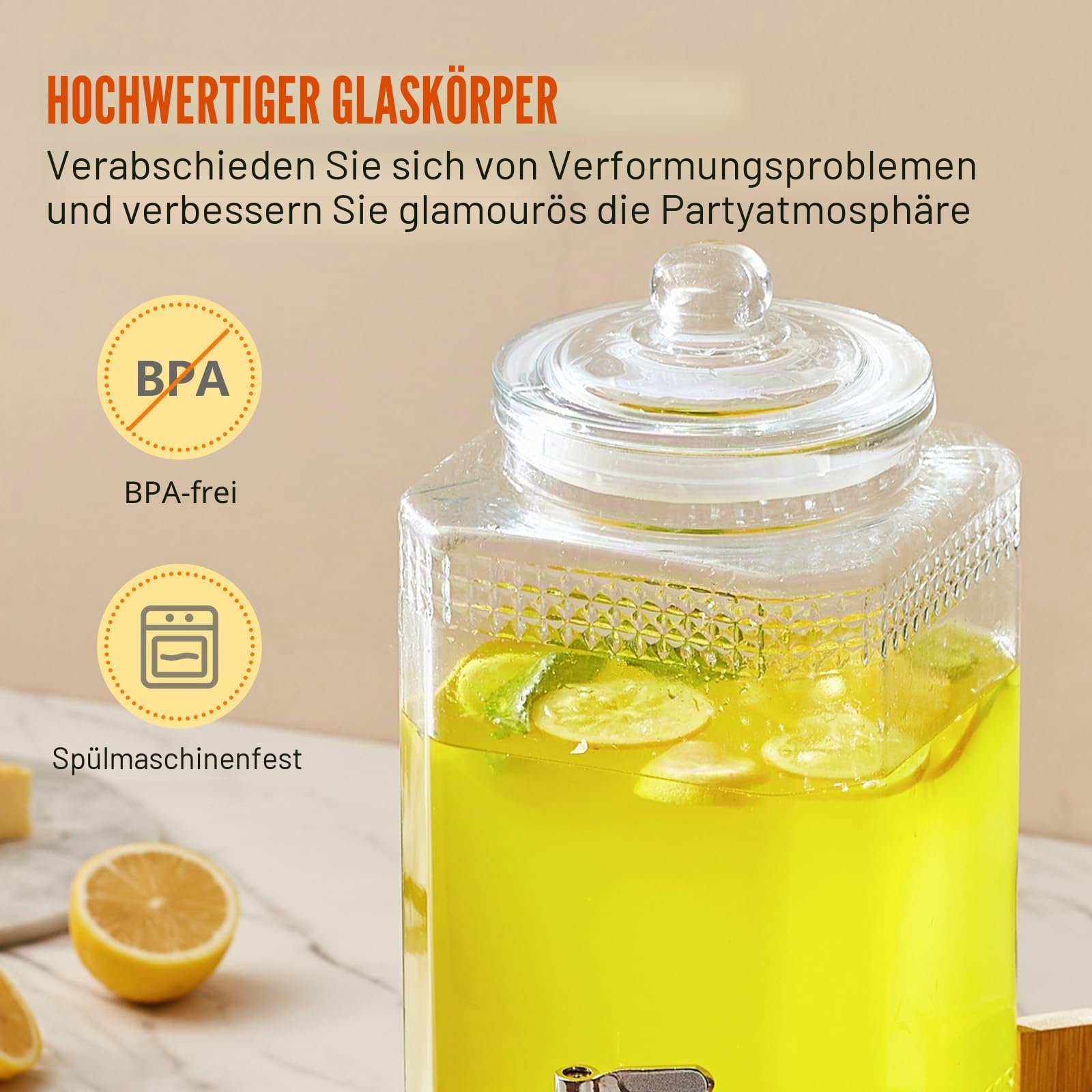 VEVOR Getränkespender, 1,5 Gallonen Getränkespender für Partys, Saftspender aus Glas mit Ständer, Zapfhahn aus Edelstahl, Eistee-Limonadensaft-Wasserspender, für Restaurants, Hotels, Partys