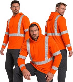 FATONE Hi Vis Shirts Long Sleeve for Work, Class 3 High Visibility Shirts for Men with Hood Reflective, Safety Shirt for Construction 3 PCS, Orange L