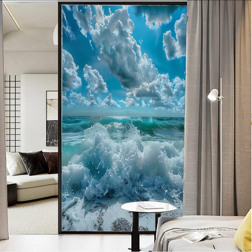 Rustic Waves Window Film Privacy Modern Nature Ocean View Decorative Stained Glass Decal for Home, Adhesive Window Sticker 31.5Wx47.2L inch
