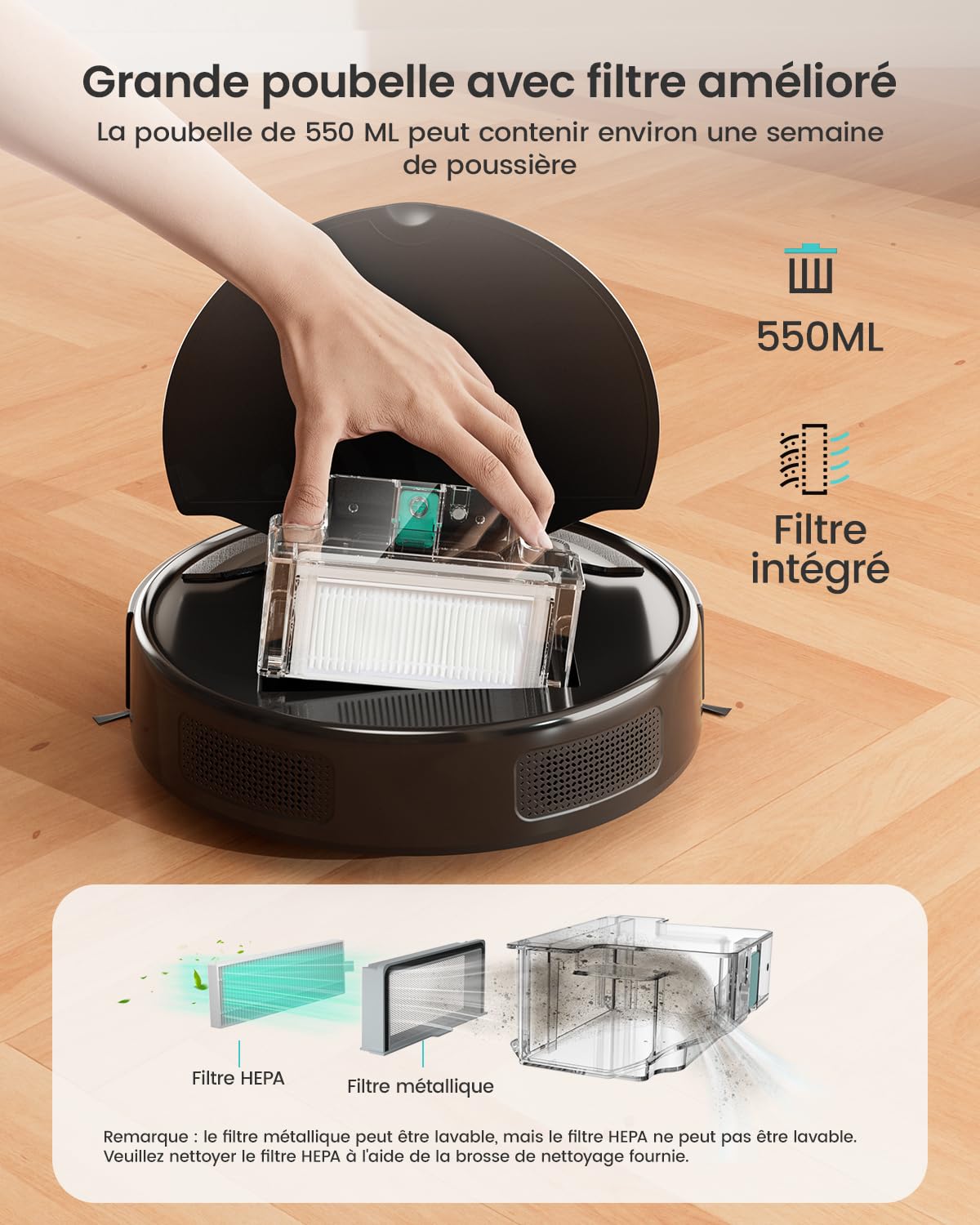 Lefant Robot Aspirateur M310 avec Navigation Précise, 4500 Pa, Autonomie de 150 Min, Filtre HEPA, Compatible Wi-FI, Idéal pour Poils d'animaux, Tapis et Sols Durs