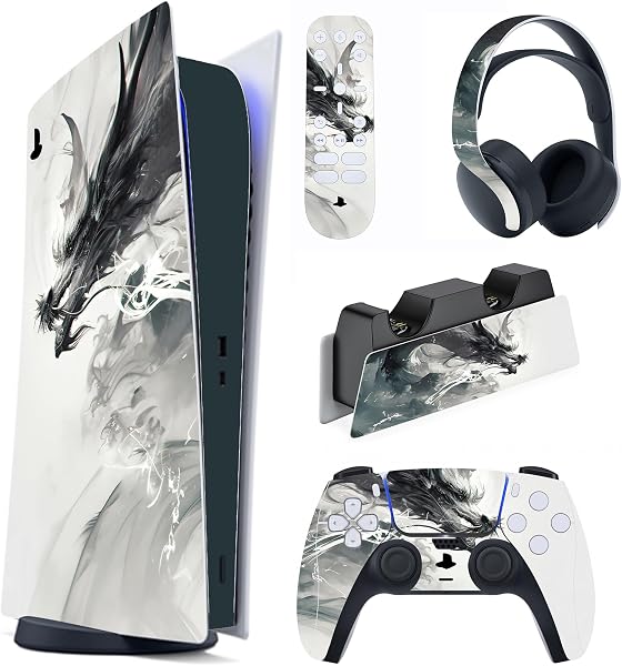 PlayVital Pegatina Completa para ps5 Edición Digital - Calcomanía Vinilo para Consola, Control, Estación de Recarga, Control Remoto y Audífonos, Adhesivo Piel (Dragón Ink Spirit) - 1