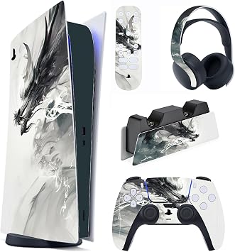 PlayVital Full Set Skin Decal for ps5 Console Digital Edition, Sticker Vinyl Decal Cover for ps5 Controller & Charging Station & Headset & Media Remote - Ink Spirit Dragon