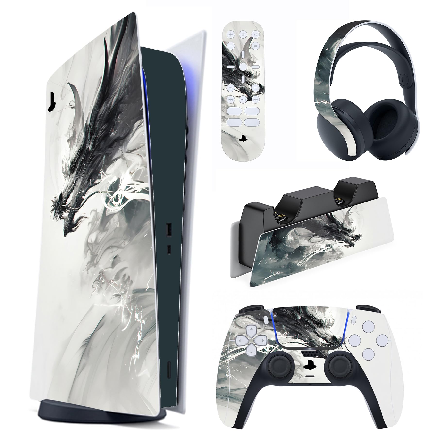 PlayVital Pegatina Completa para ps5 Edición Digital - Calcomanía Vinilo para Consola, Control, Estación de Recarga, Control Remoto y Audífonos, Adhesivo Piel (Dragón Ink Spirit) - 1