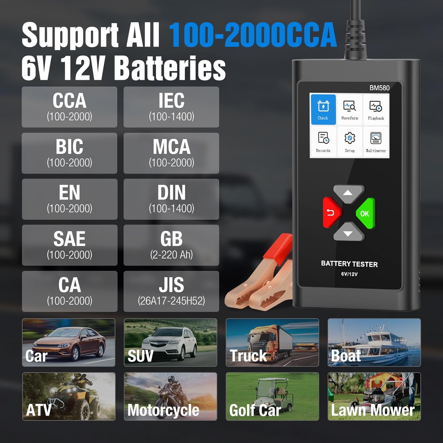 JDIAG Battery Load Tester 6V 12V Car Battery Tester 100-2000CCA Automotive Battery Tester Alternator Analyzer for Standard Test/Cranking/Charging/Loading Test BM580