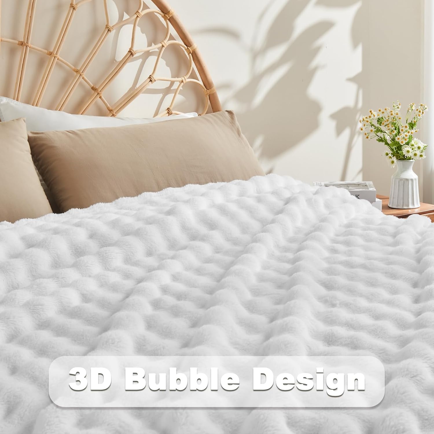 NEWCOSPLAY Throw Blanket for Couch White Super Soft Flannel Fleece 3D Bubble Lightweight Bed Blanket All Season Use (White, Throw(50"x60")) - Image 5