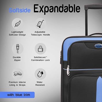 Aerostar Large 29” Lightweight Softshell Expandable Suitcase, Check in Luggage 2 Corner Wheels with Integrated Combination Lock (Black/Blue, 100 litres)