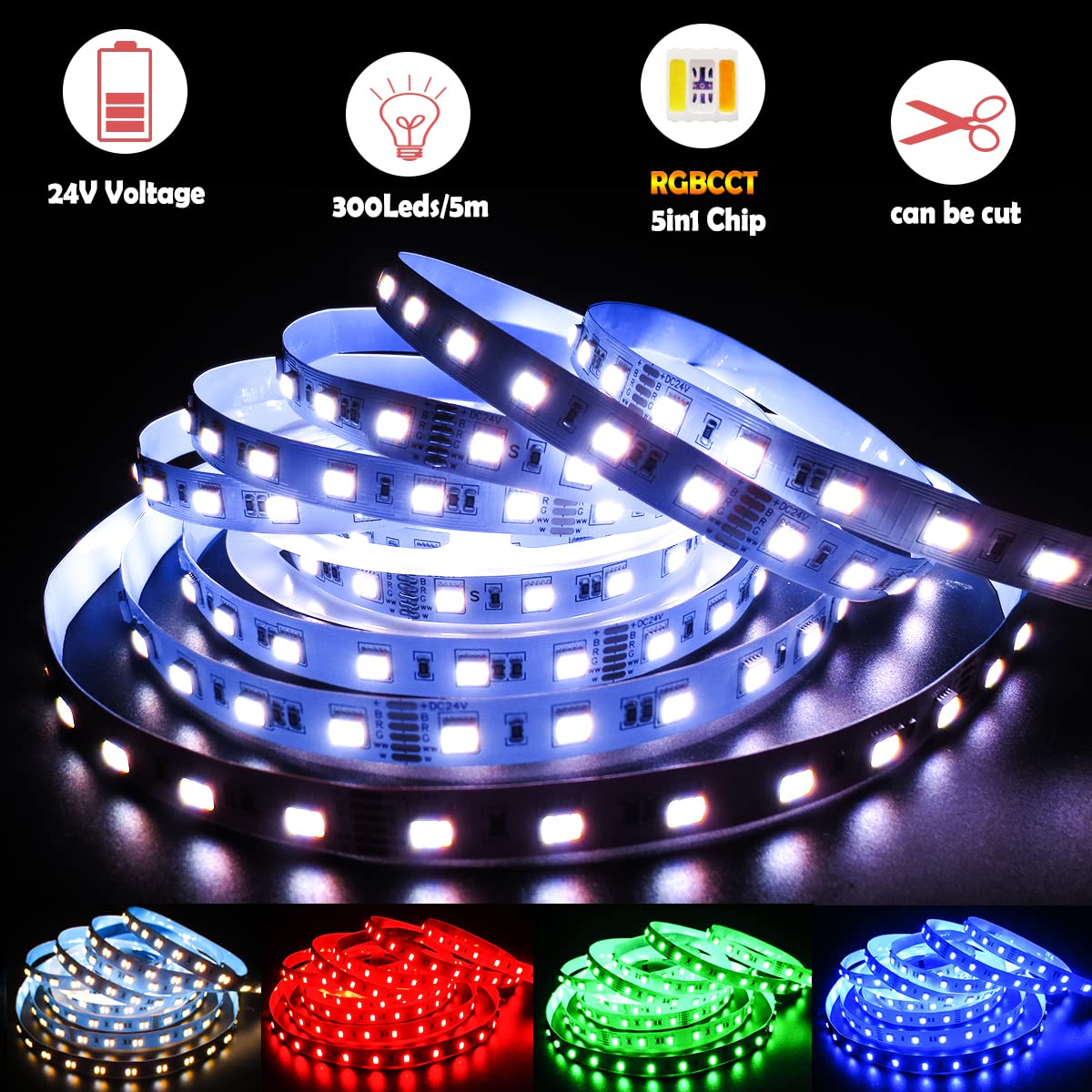 Taśma LED 5 w 1 24V RGB+CCT RGB + biała + ciepła biel (2800 K do 6500 K) RGBCW 5m mieszane kolory IP20 300 LEDs listwa świetlna pasek LED