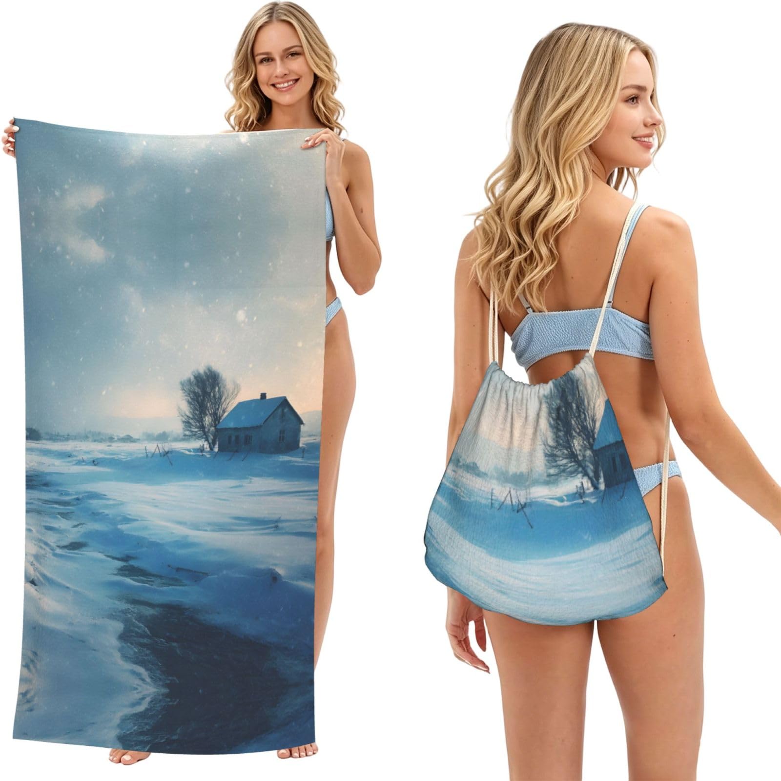 ESNAIUVCD Winter Snow Scenery Print Beach Towel For Adults,Towel With Drawstring Bag, Travel Pool Swimming Sports Shower Sand Free Quick Dry Bath Towel For Pool, Beach, Yoga- 180x60cm