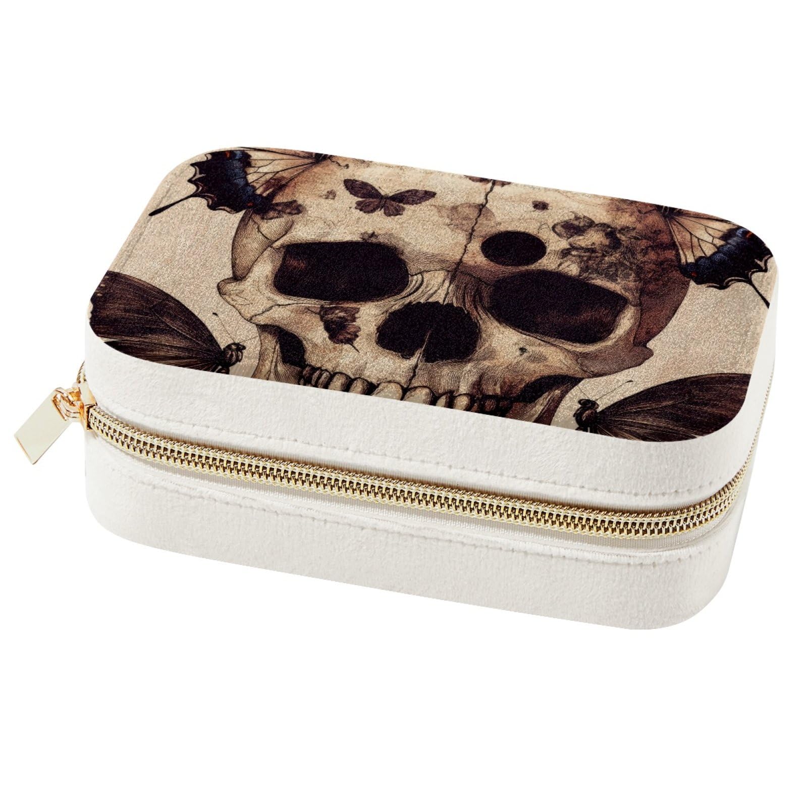 Boîte à bijoux tête de mort et papillon portable pour voyage
