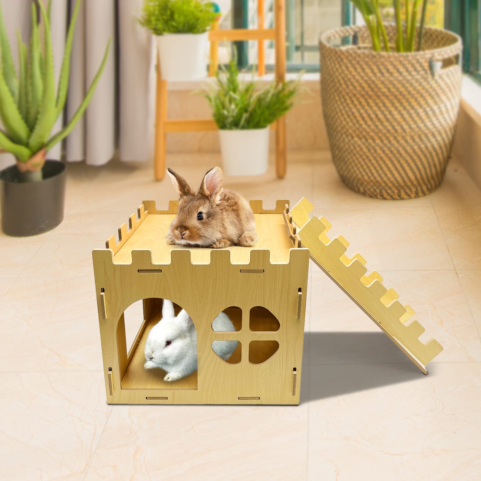 Extra großes, stabiles Hasenhaus, Kaninchenversteck mit Treppe, abnehmbares Spielhaus für Kaninchen, Meerschweinchen, Chinchilla, Igel
