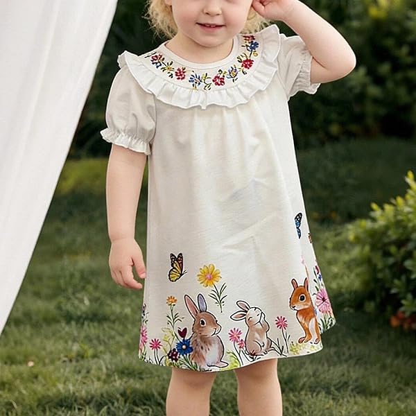 Robe pour bébé fille à manches bouffantes avec col brodé et volants Taille haute Imprimé animal Coupe ample décontractée - 3