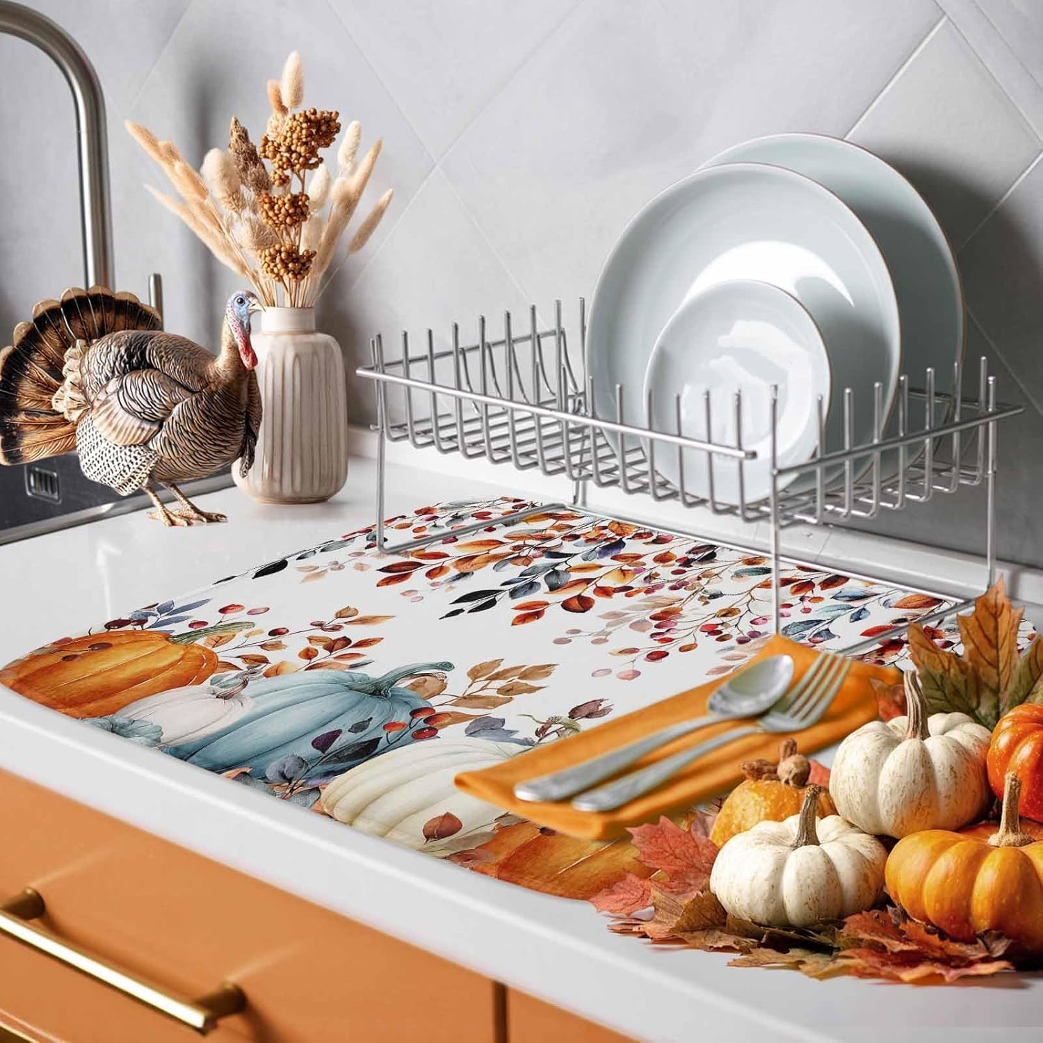 Fall Orange Blue Pumpkins Dish Drying Mat for Kitchen Counter, Vintage Thanksgiving Baby Bottle Microfiber Drying Pad, Weeping Botanical Absorbent Coffee Cup Dishes Drainer Mats 18"x24"