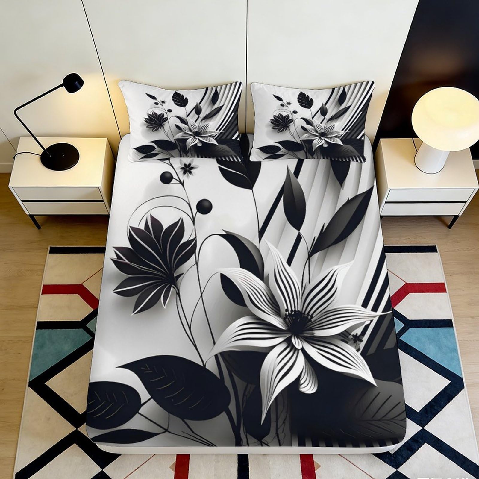 Jqzkxnhpbr Style-10 3D Printed Black Floral Fitted Sheet Microfiber Soft Bedroom Decor Abstract Blossom Mattress Cover For Adults Youth 90X200x25cm