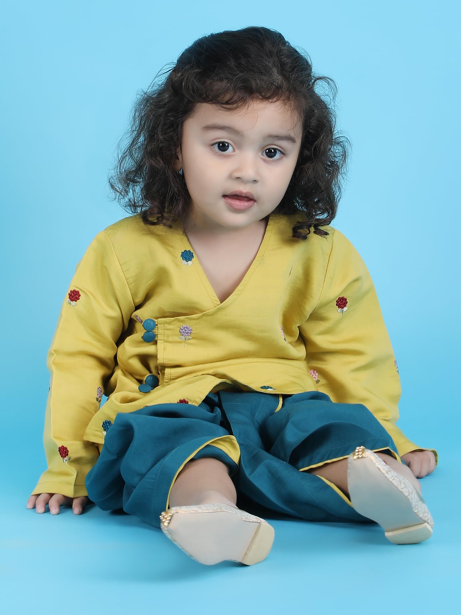 POLKA TOTS Full Sleeve Angrakha Kurta and Dhoti Set - 100% Cotton Traditional Ethnic Wear for Boys Ethnic Print | Baby Boy Kurta Pyjama for Weddings & Festivals (Green Flower Embroidery, 9-12 M) 4