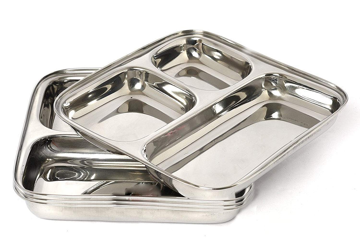 Assiette carrée à 3 compartiments en acier inoxydable, Thali, plateau à assiettes et assiettes à dîner, ensemble de 4 assiettes - 25 cm chacune
