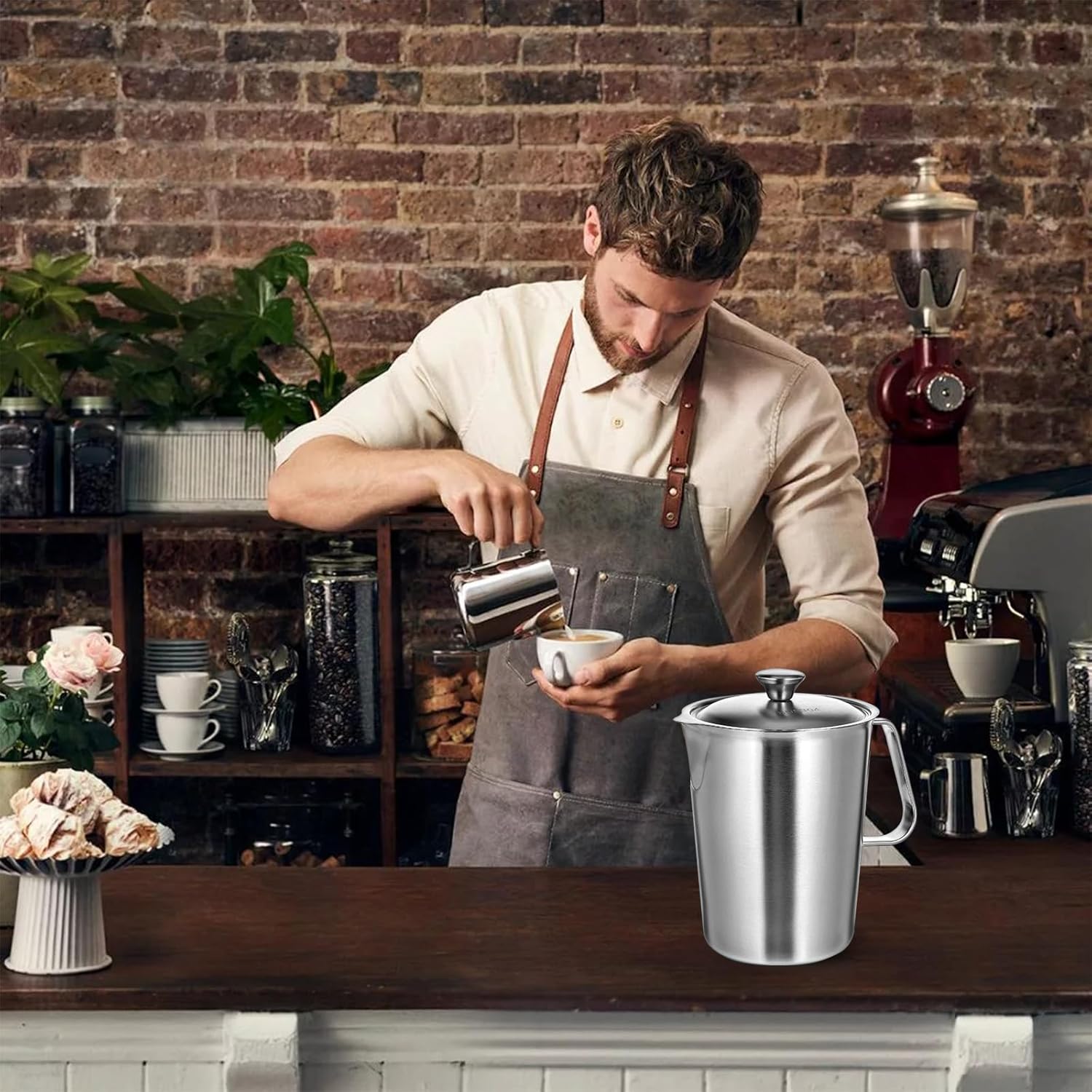 Large Stainless Steel Pitcher with Lid, 8.5 Cup Milk Frothing Jug with Handle,70 oz Metal Measuring Cup,2 L Water Pitcher for Espresso Machines, Latte Art, Iced Tea, Hot and Cold Water (70 oz, A) - Image 8