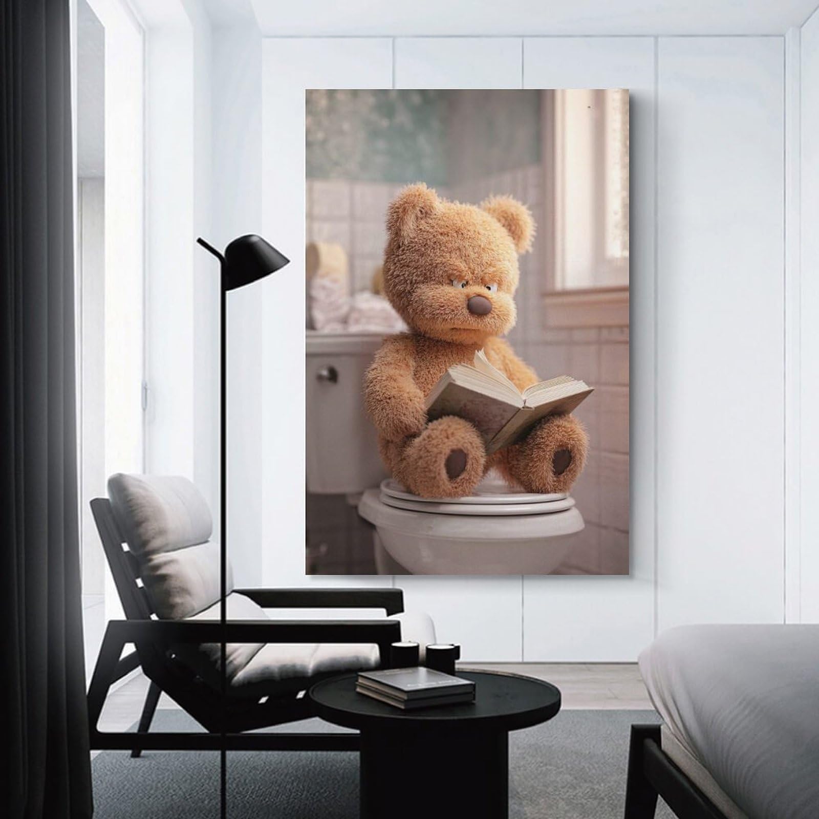 Junmoney Teddy Bear Reading on Toilet(2) Decorative Wall Artwork, 20x30inch(50x75cm), for Home Lounge, Bedroom Or Reading Nook, Easy Decor for Gallery Walls