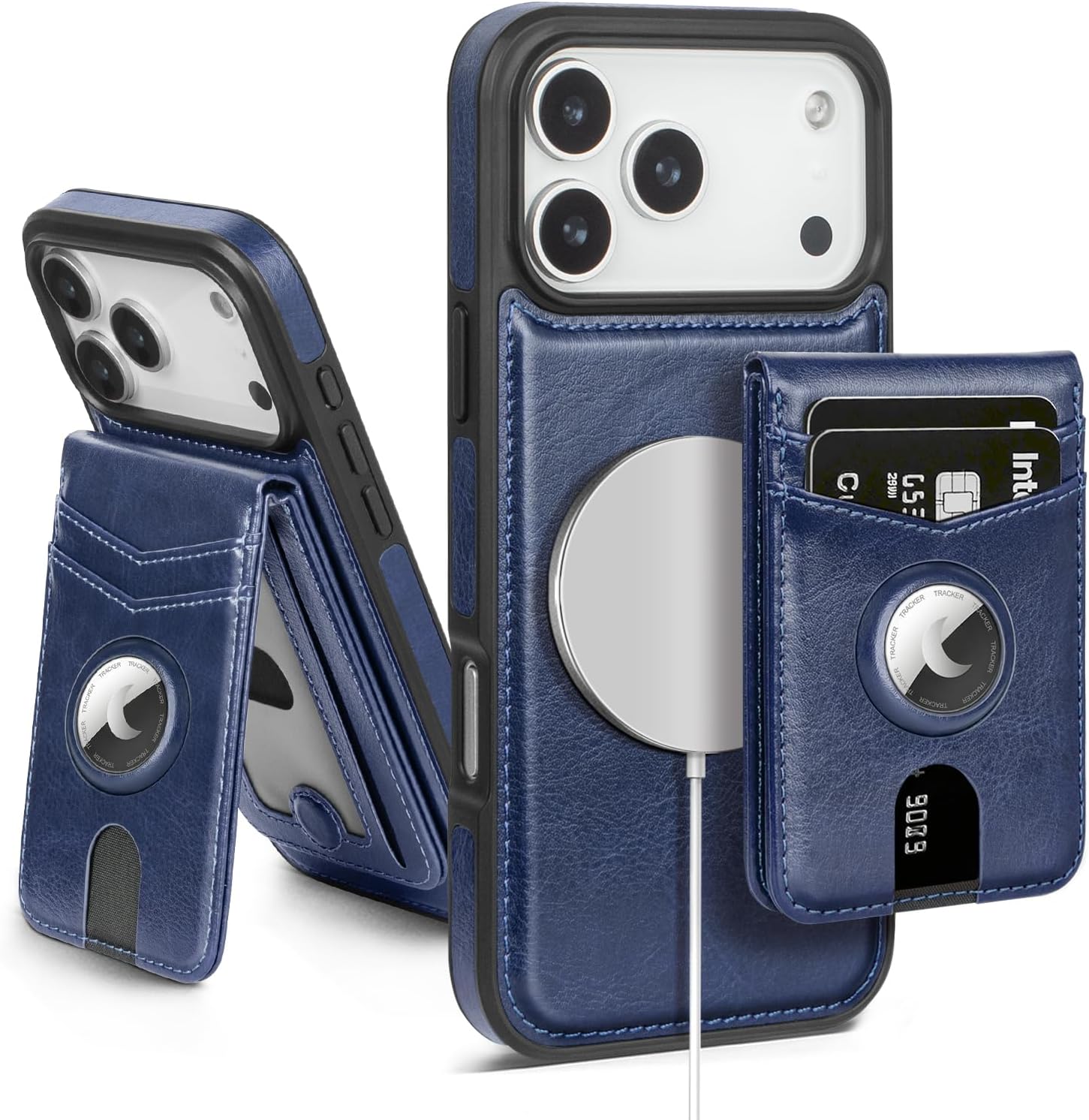 Compatible with MagSafe iPhone 17 Pro Max Case Wallet with AirTag Holder,2 in 1 PU Leather Magnetic Detachable RFID Blocking Credit Card Holder Flip Cover Kickstand for Men Women,Blue