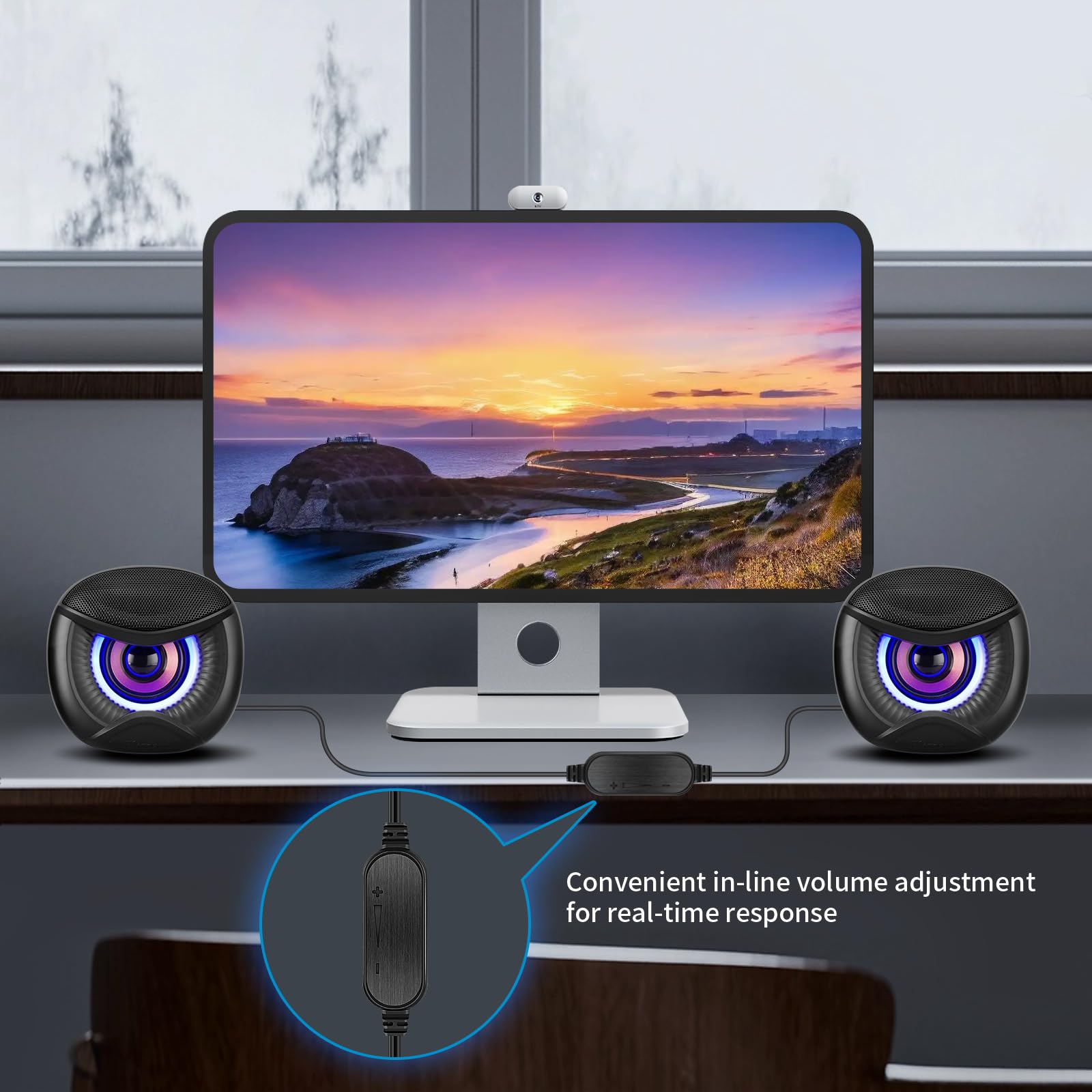 Elimavi Mini altoparlanti per computer alimentati tramite USB con illuminazione RGB blu 2.0, jack per cuffie stereo Plug and Play, compatibili con desktop, laptop (adattatore USB-C incluso)
