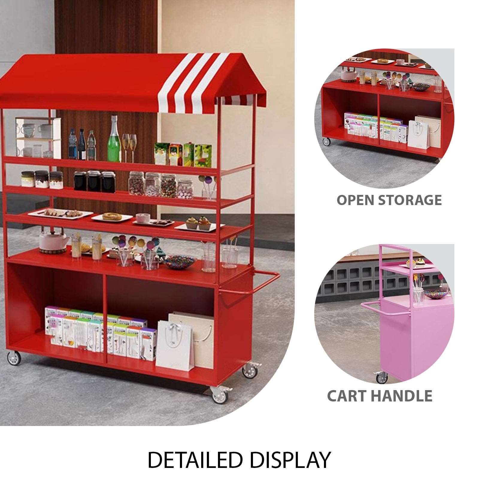 Genérico Puesto de Mercado con toldo,Móvil de Venta Ambulante de Comida,Amplia encimera, Ruedas en la Parte Inferior,Estructura de Hierro Forjado,para Tiendas minoristas.(Blauw,120 * 60 * 220cm)