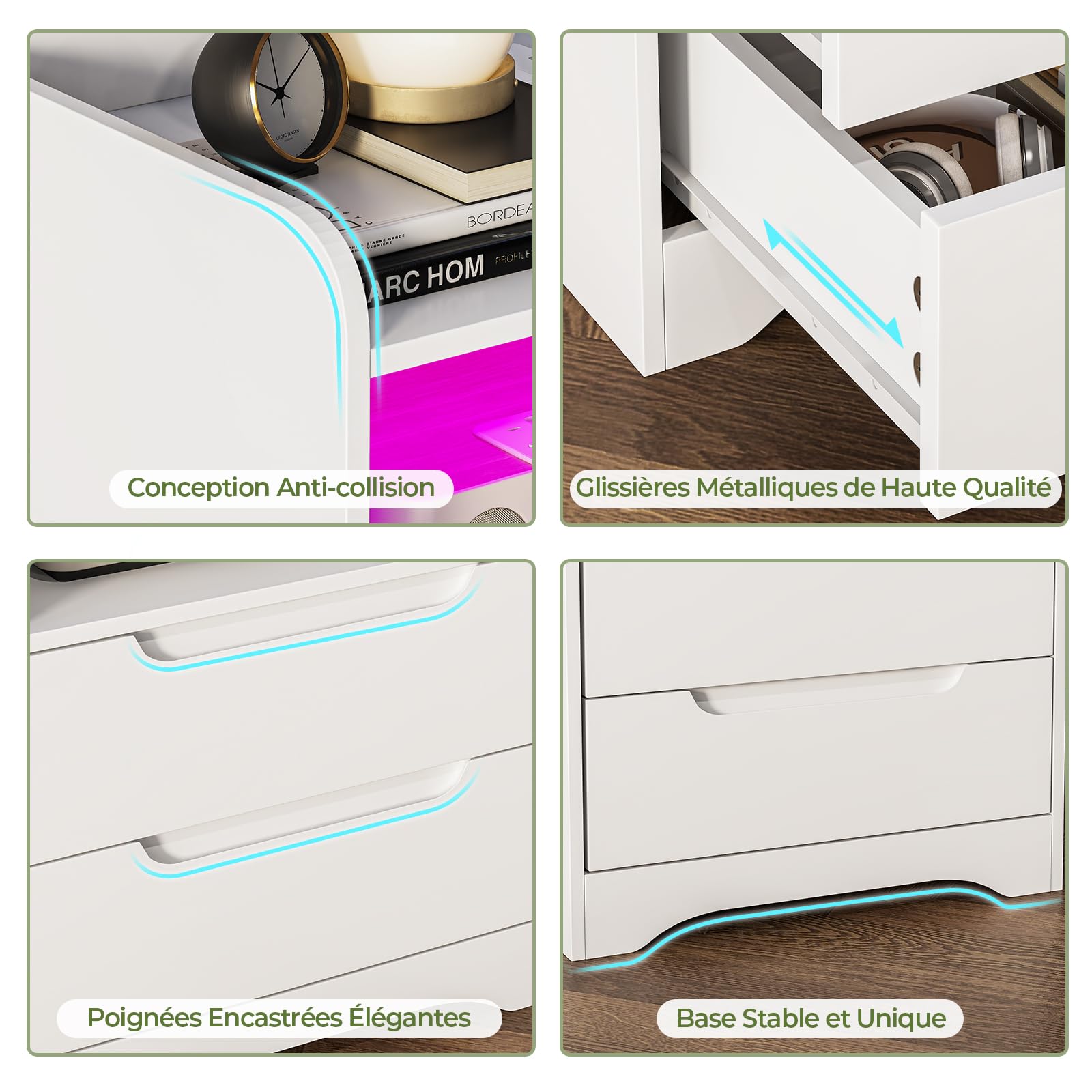 Brinlawb Table de Chevet Lot de 2 avec lumières LED et Multiprise (2 Prises CA, 2 Ports USB) Table de Nuit Lot de 2 avec 1 Compartiment Ouvert et 2 Tiroirs pour Salon, Chambre, Bureau, Moderne, Blanc