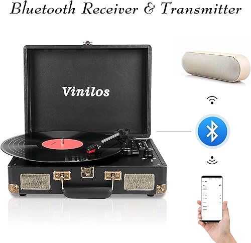 Miniatura 2 de Reproductor de discos de vinilo con Bluetooth y altavoces integrados, tocadiscos portátil de 3 velocidades para discos de vinilo, diseño de maleta