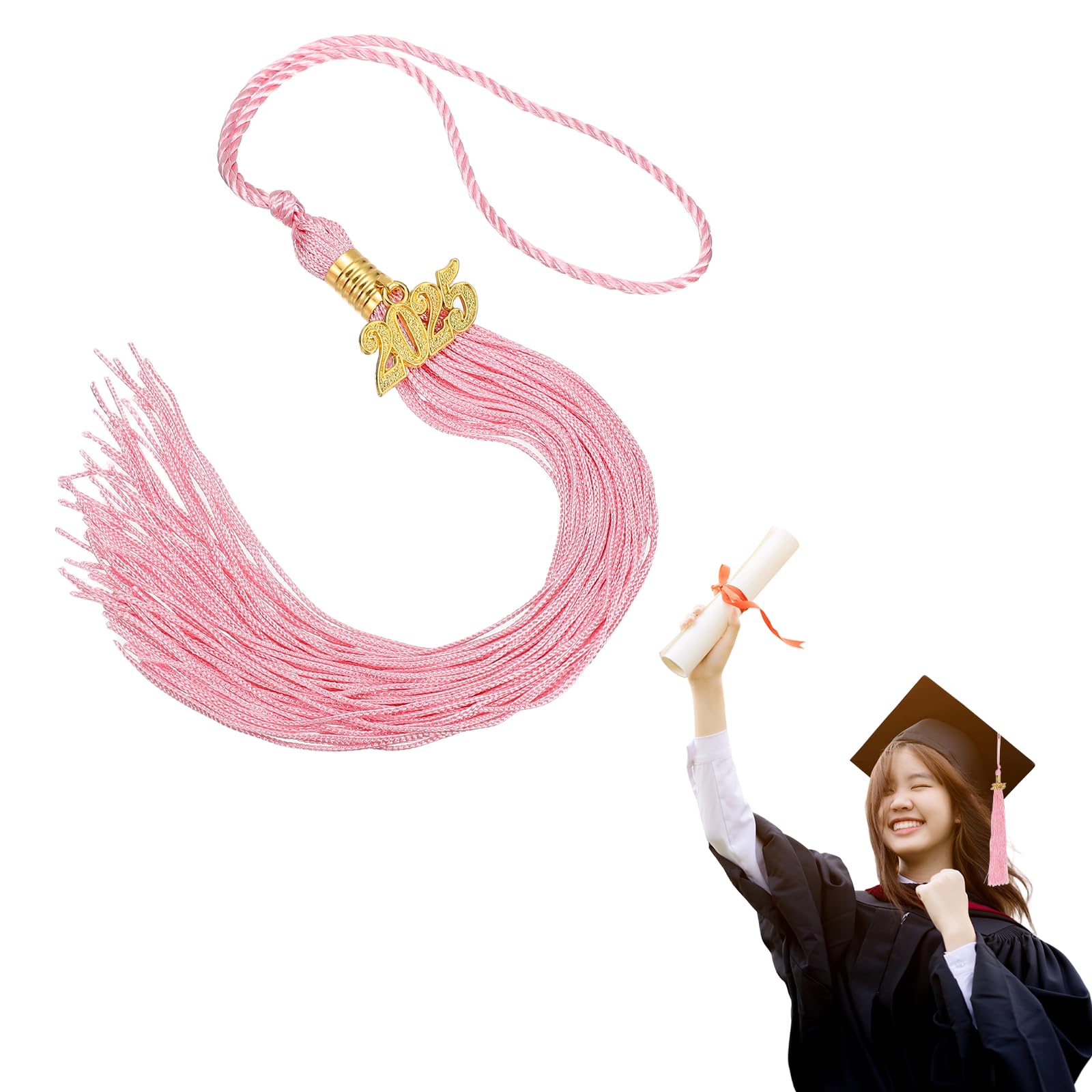 MECCANIXITY Graduation Tassel 2025, Pink Tassels with 2025 Year Gold Date Charms Academic Graduation Charm Cap Decorations Party Decorations