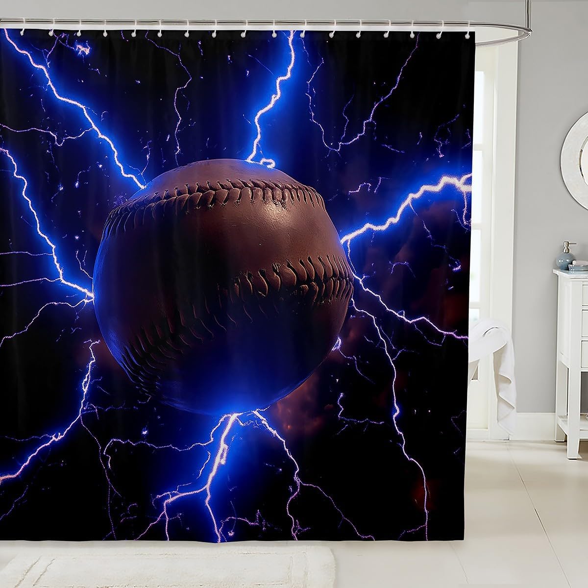 Baseball Shower Curtain Set,Blue Lightning Bathroom Curtain,Kids Boys Teens Cool Baseball Player Waterproof Fabrics Modern Bathroom Decor with 12 Hooks,72" W x 78" L
