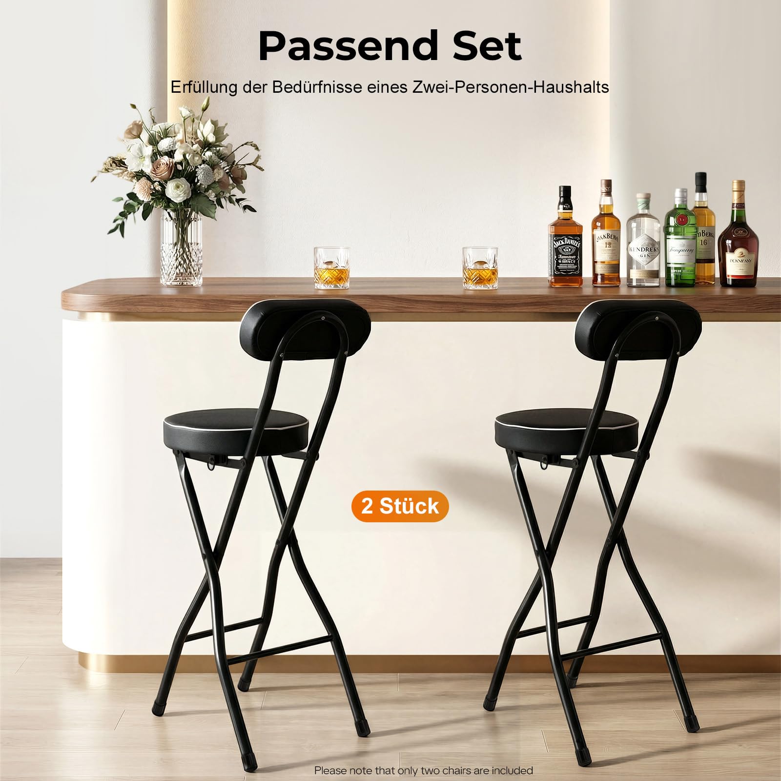 Klappbar Barhocker 2er Set Klappbarer Stehhocker Barhocker mit Lehne, 65cm hoch, Hochstuhl Klappbar Stehhilfe, Bar Hocker für Bar und Tresen, Tragkraft 125KG (Schwarz 65CM)